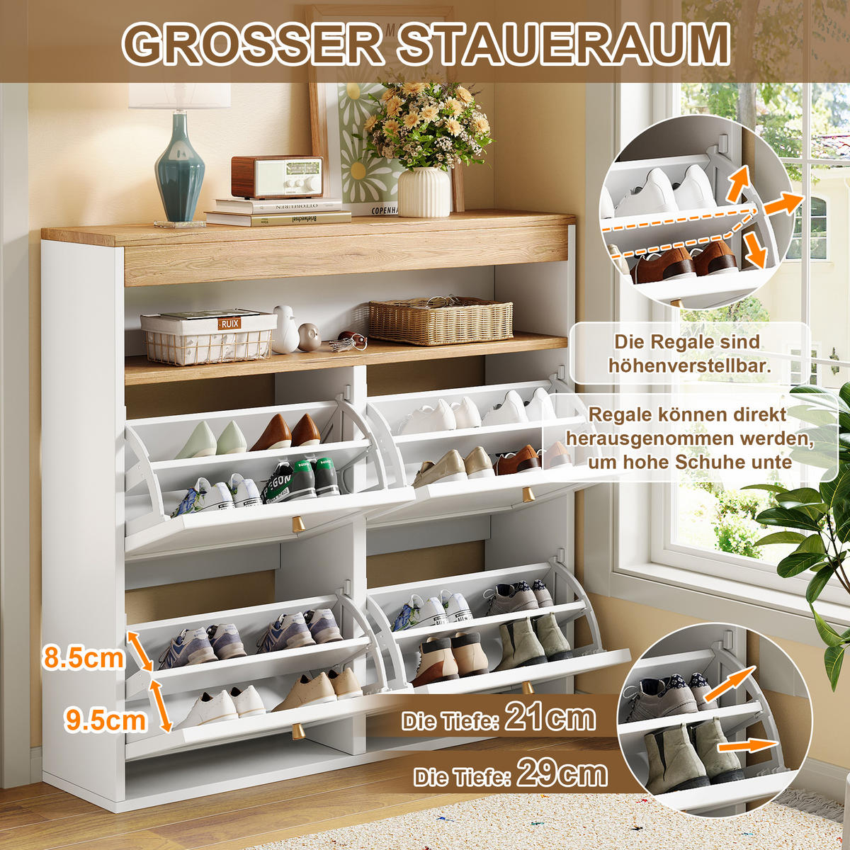 SCHUHSCHRANK 4 Klappen Weiß Holzoptik Modern Flur - Multicolor, Holzwerkstoff (105/100/25cm) - FLIEKS