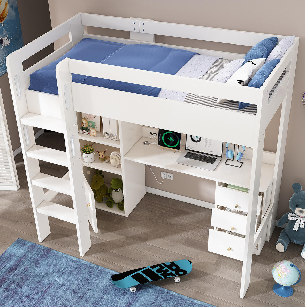 KINDEREINZELBETTEN aus MDF und Spanplatte 90x200 cm in Weiß mit Schreibtisch & USB/Type-C - Weiß, Holzwerkstoff (90/200cm) - Modfu