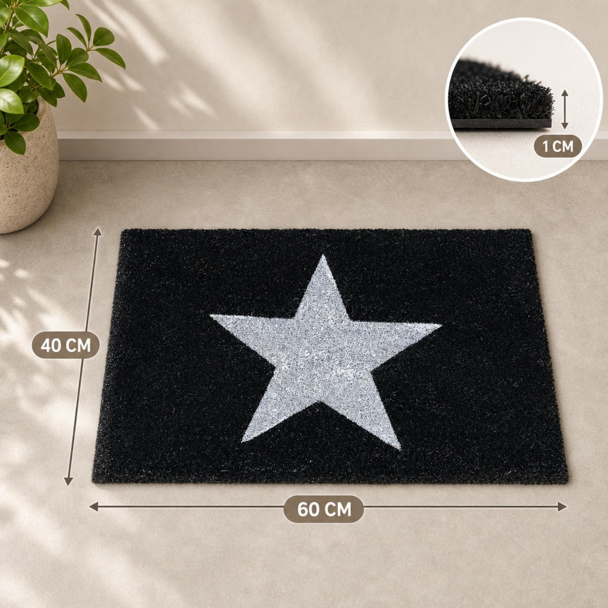 FUSSMATTE Schwarz Kokos Sternmotiv 60x40 cm - Schwarz, Kunststoff/Textil (40/60cm) - Relaxdays