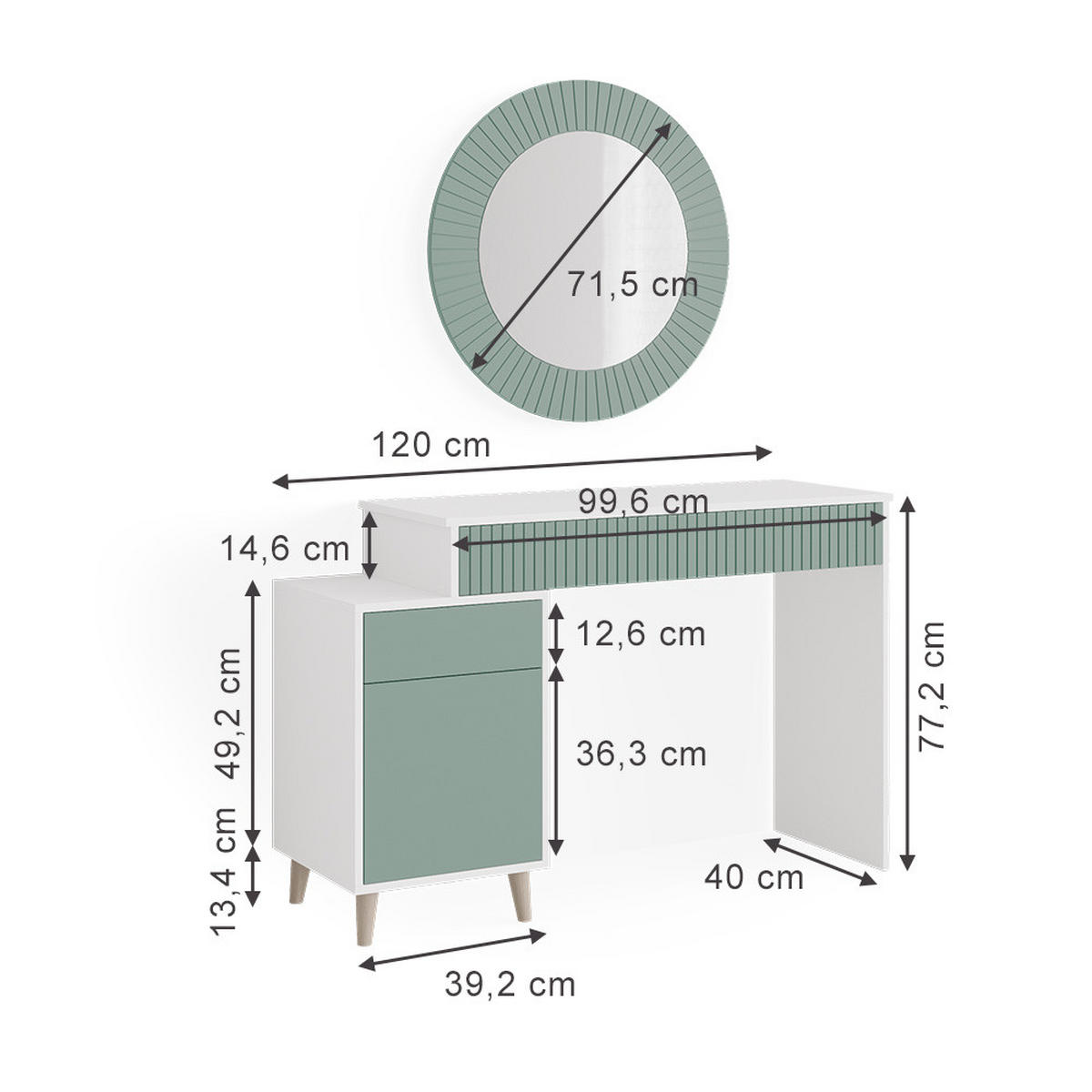 SCHMINKTISCH Arles Grün 120 cm - Weiß/Grün, Holzwerkstoff (120/77.2/40cm) - Vicco