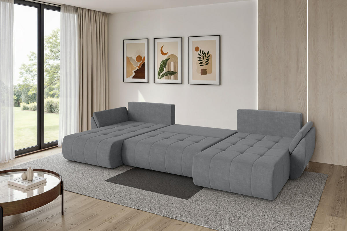 SEDACÍ SOUPRAVA DO U s funkcí spaní a úložným prostorem TOKO-U 378x194x86 šedá velur - černá/šedohnědá, kompozitní dřevo/textil (378/86/194cm) - ALTDECOR