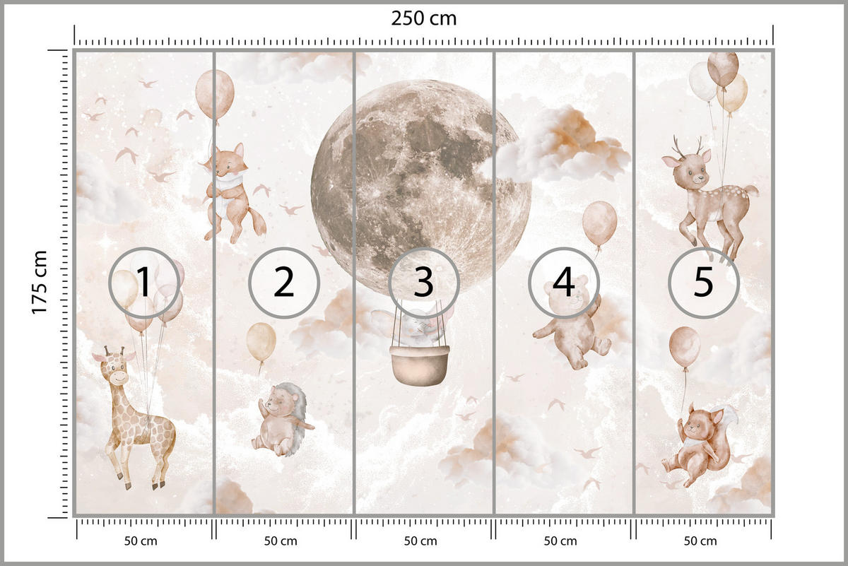 FOTOTAPETE für Kinderzimmer Mond Ballons Bär Rehkitz Giraffe Wolken 250x175 - Beige/Rosa, Papier (250/175cm) - Muralo