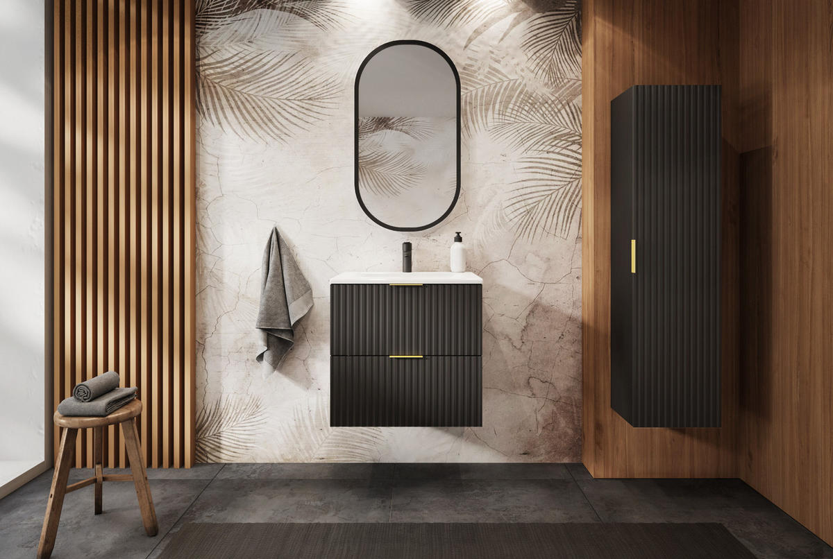 BADEZIMMERSCHRANK, Mattschwarz, 60 x 57 x 46 cm, Goldene Griffe - Goldfarben/Schwarz, Holzwerkstoff/Kunststoff (60/57/46cm) - 3XE LIVING