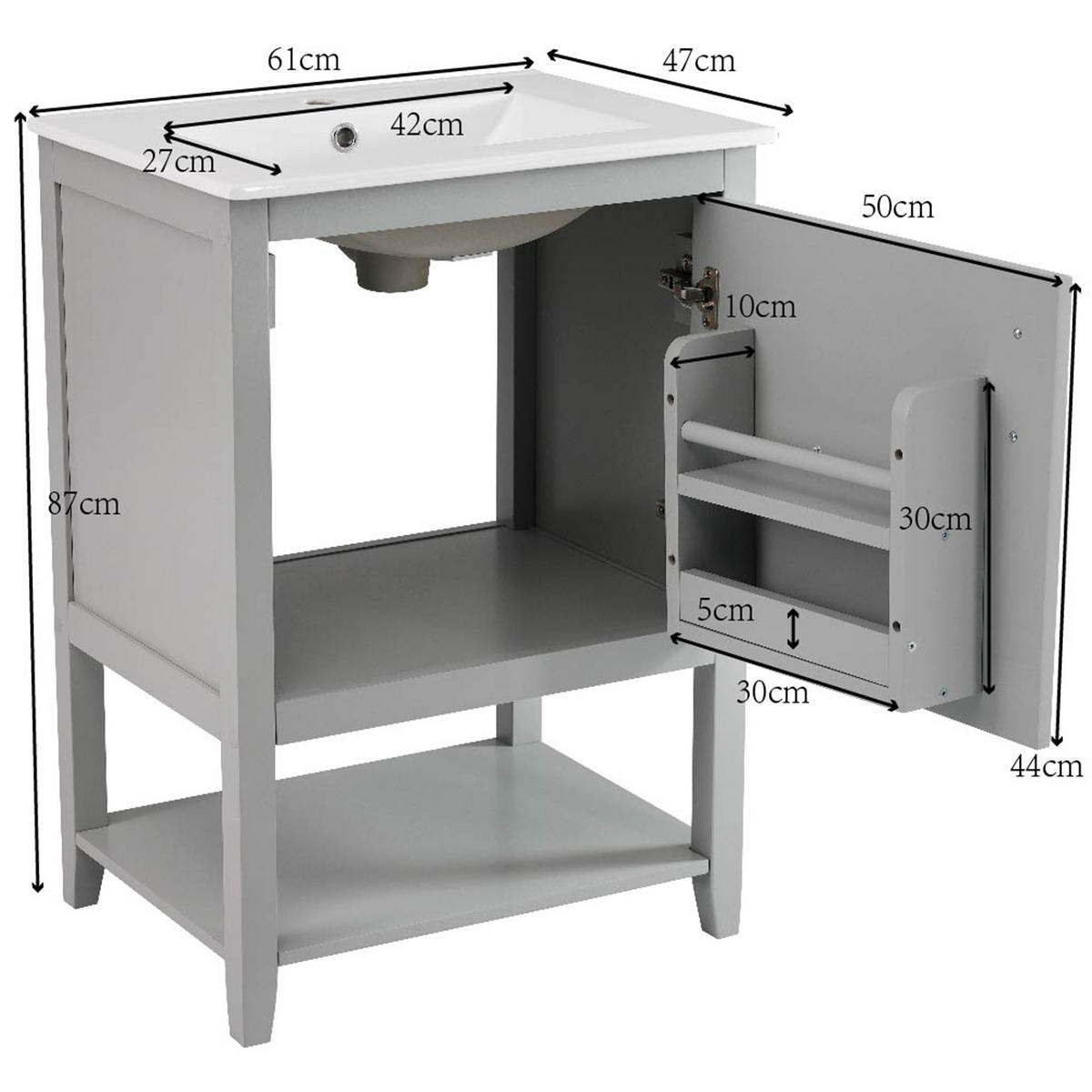 WASCHTISCHUNTERSCHRANK bodenstehend mit Keramikwaschbecken MDF Grau - Grau, Holzwerkstoff (47/87/61cm) - Beauniv