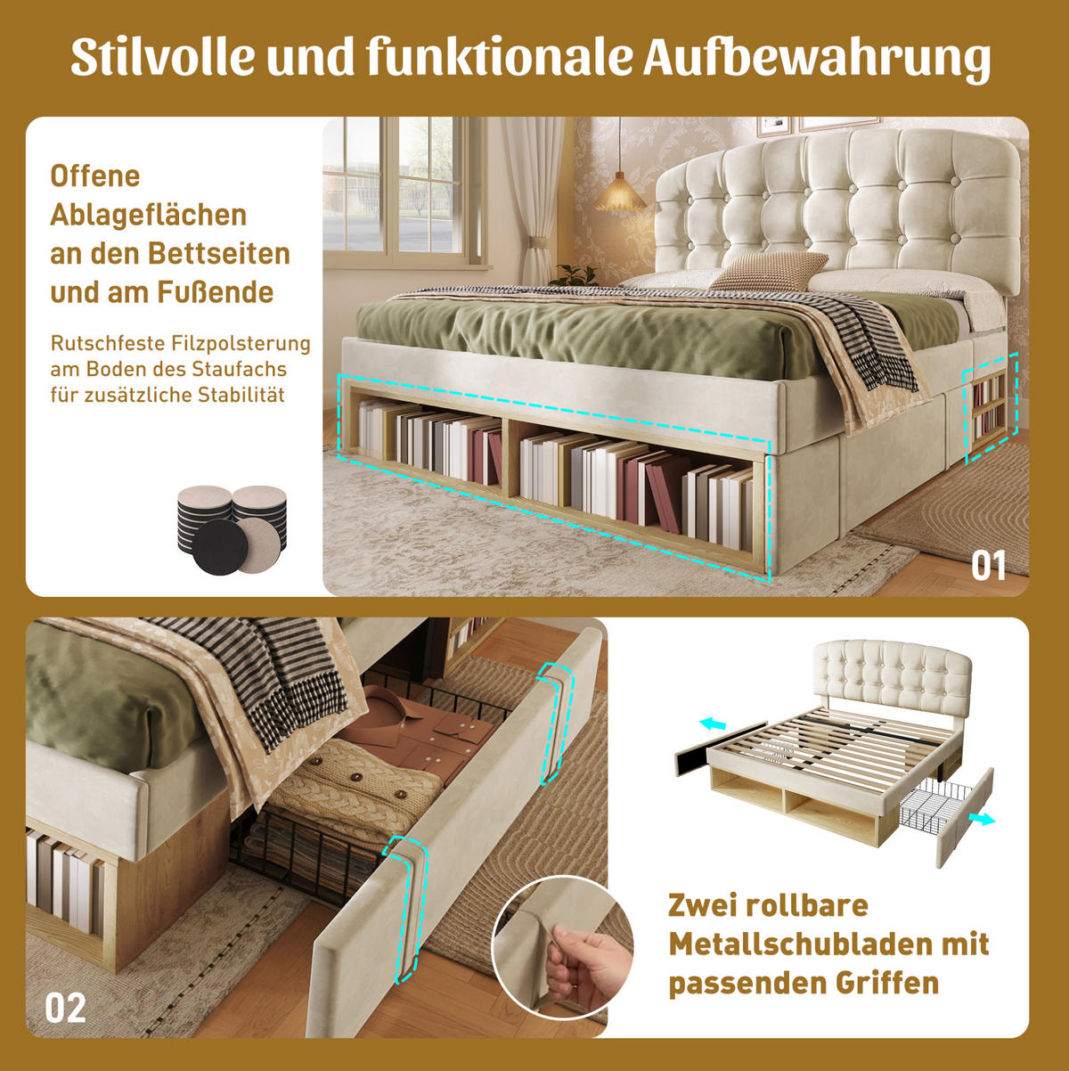 POLSTERBETT 140/200 cm Beige aus Samt mit Stauraum - Beige, Textil (140/200cm) - OKMYHOME