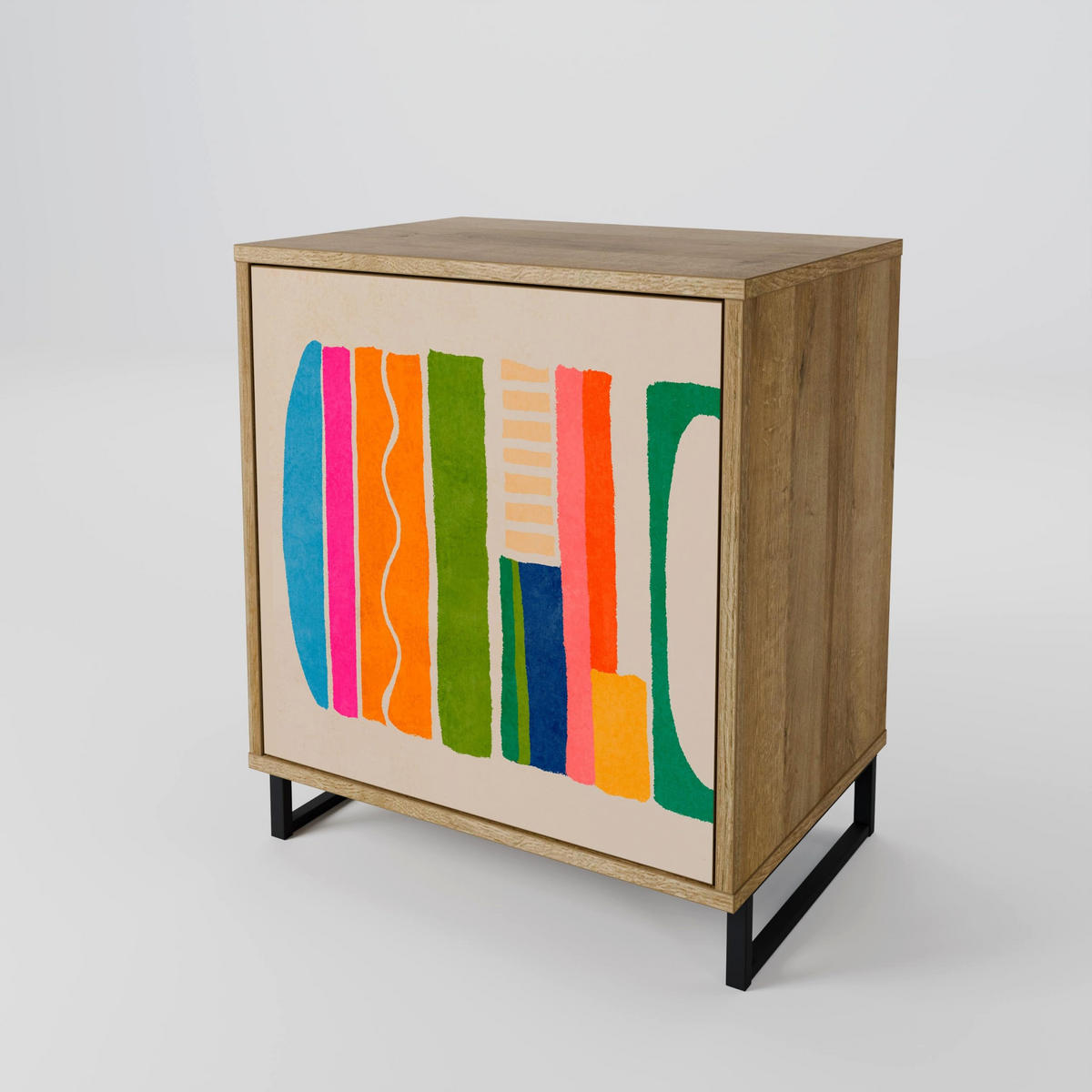 SIDEBOARD GEOMETRIC SHINE, Eichefarben, 57,5x42x70,5 cm, Schwarze Metall-Sternfüße - Eichefarben/Multicolor, Holzwerkstoff/Metall (57.5/70.5/42cm) - SpaceRebels