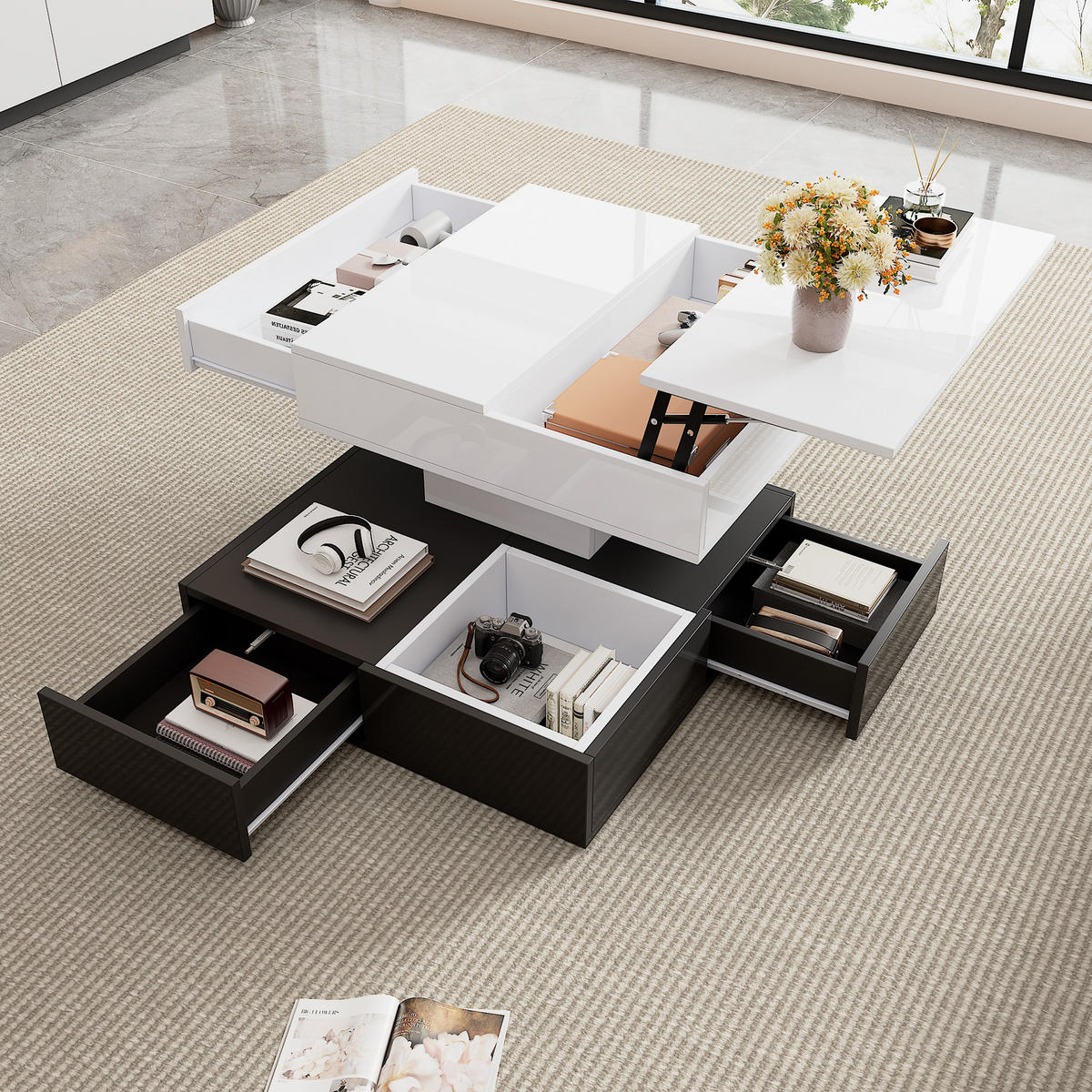 COUCHTISCH 70/70cm mit drehbarer Tischplatte 3 Schubladen in Hochglanz Schwarz-Weiß - Weiß, Holzwerkstoff (70/70/40cm) - OKWISH