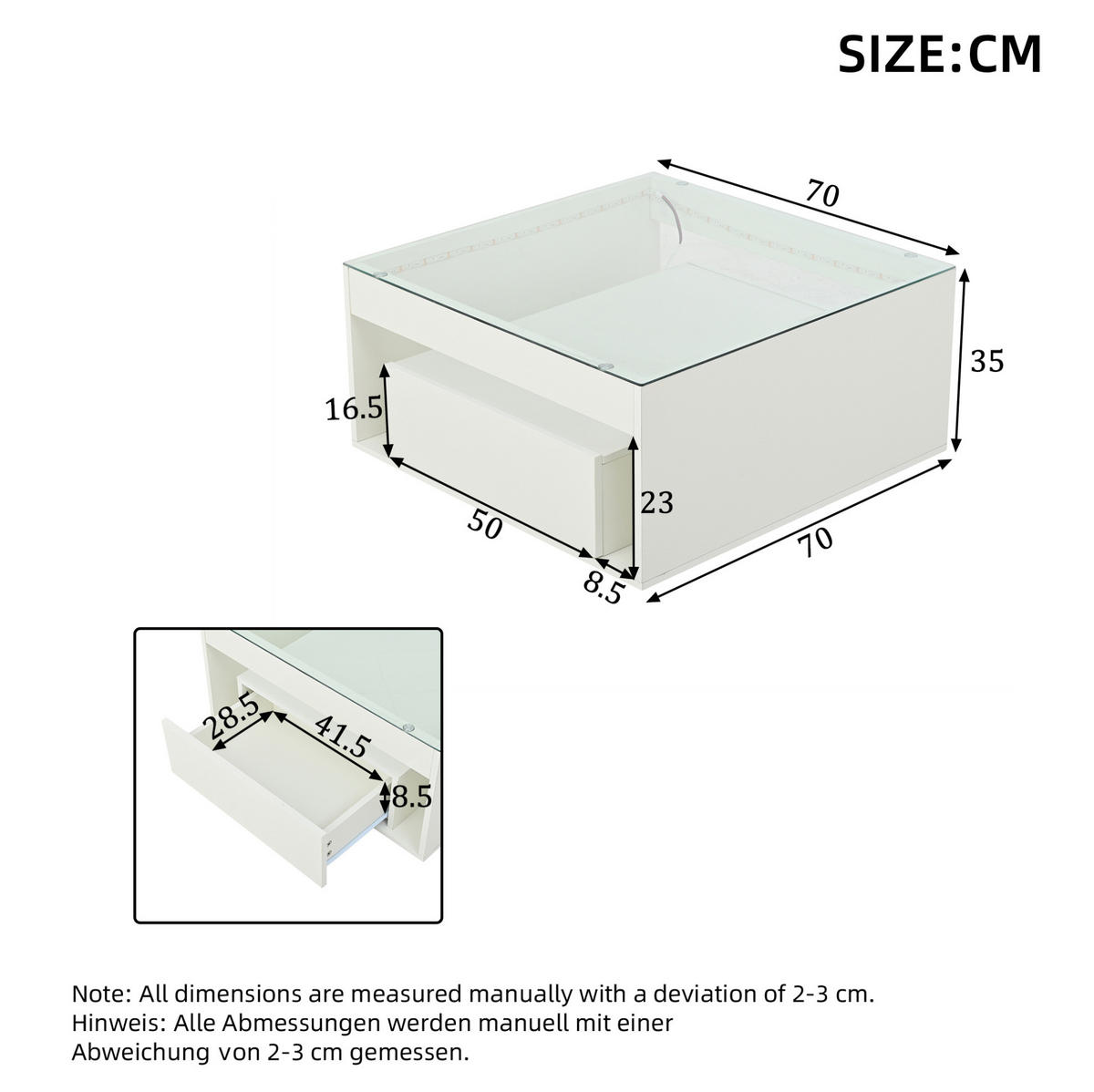 COUCHTISCH 70/70/35 cm in Weiß mit LED-Beleuchtung und 2 Schubladen - Weiß, Holzwerkstoff (70/70/35cm) - Flora Grace