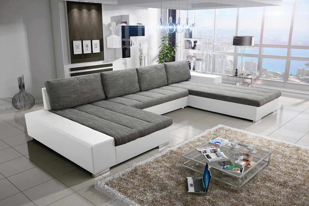 WOHNLANDSCHAFT VERONA U-Form mit Schlaffunktion, Bettkasten und Wellenfederung – Großzügiges Ecksofa 387 cm - Weiß, Kunststoff (387/85/213cm) - Wohnideebilder