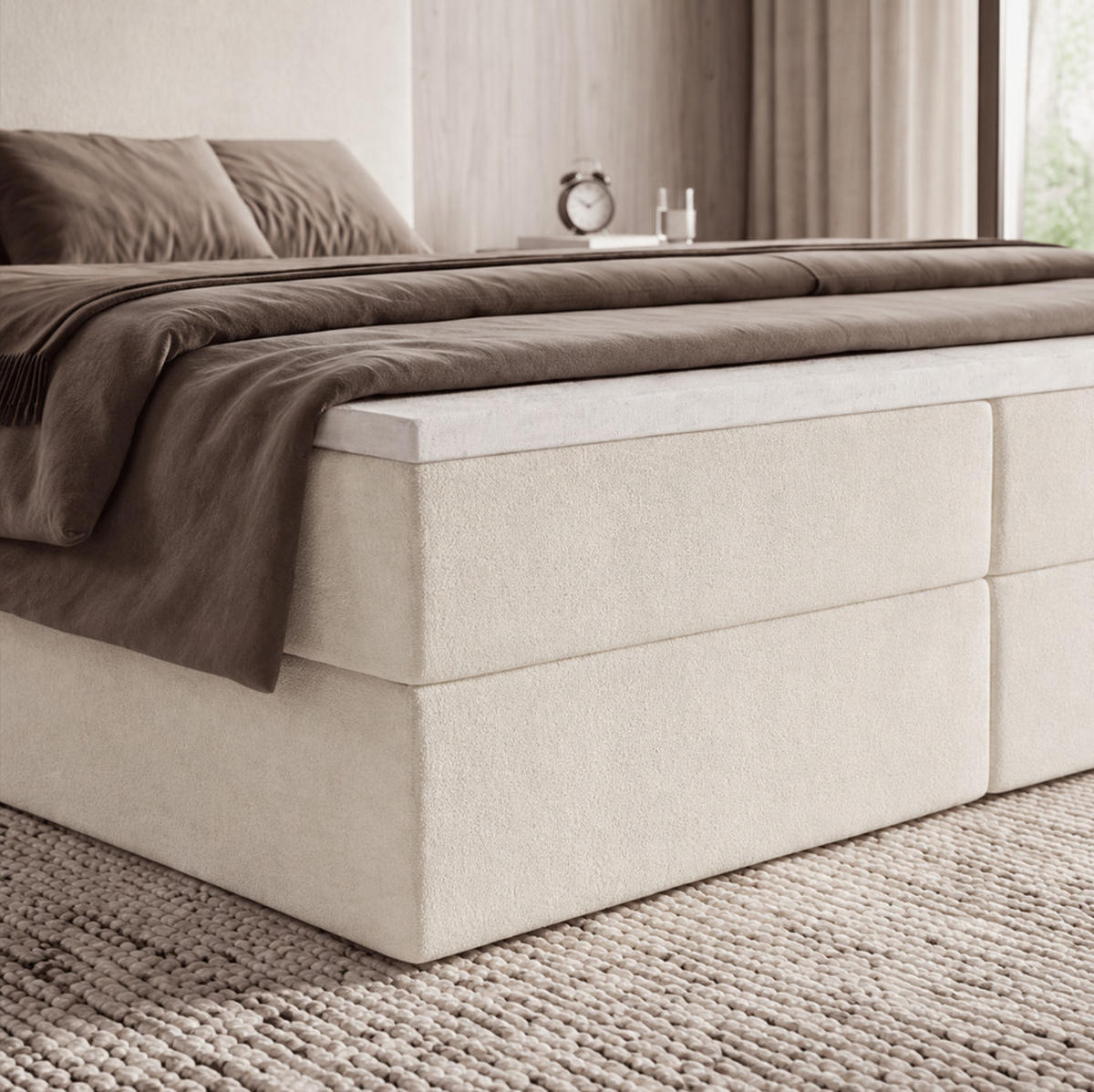 BOXBETT SENTO 140x200 cm mit Bettkasten, Bonell-Matratze H3 und Topper – Bouclé Creme - Creme, Textil (140/200cm) - Luxkor24