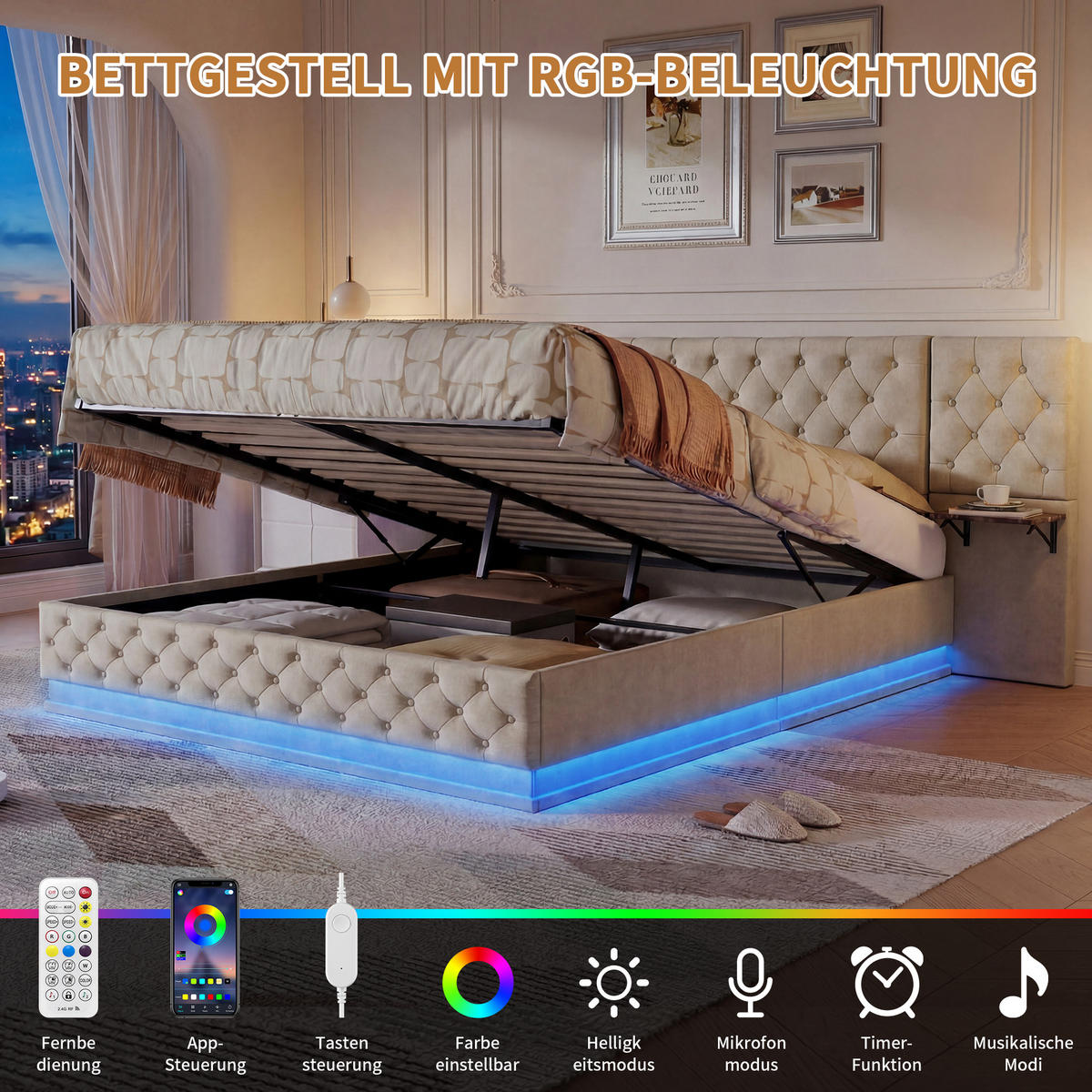 POLSTERBETT 140x200 cm Beige mit RGB-LED, Stauraum, USB-C & kabellosem Laden, Leinenbezug - Beige, Holz (140/200cm)