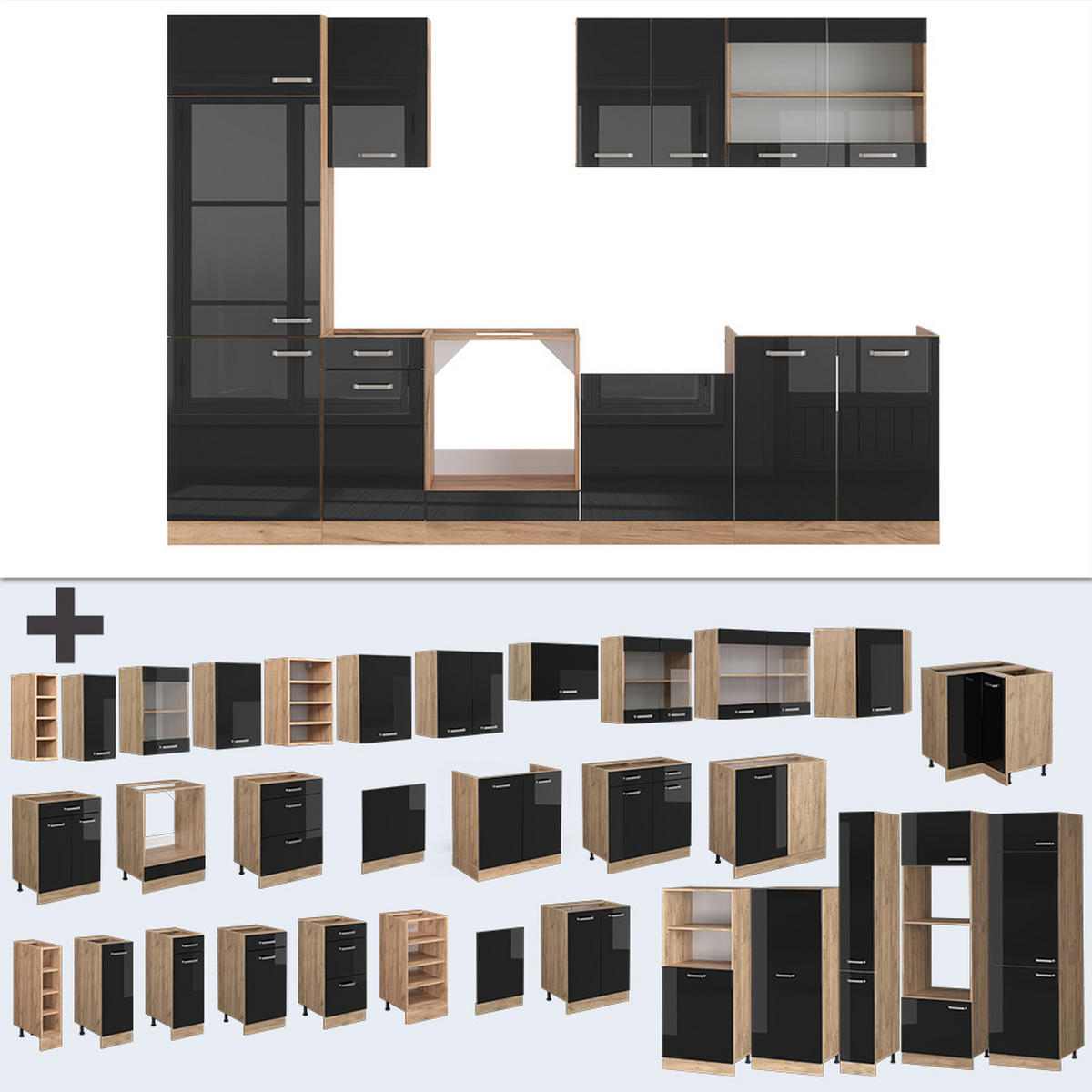 KÜCHENZEILE R-Line Schwarz Hochglanz/Goldkraft Eiche 300 cm AP Anthrazit - Schwarz Hochglanz/Eiche Wotan, Holzwerkstoff (300/81.6/60cm) - Vicco