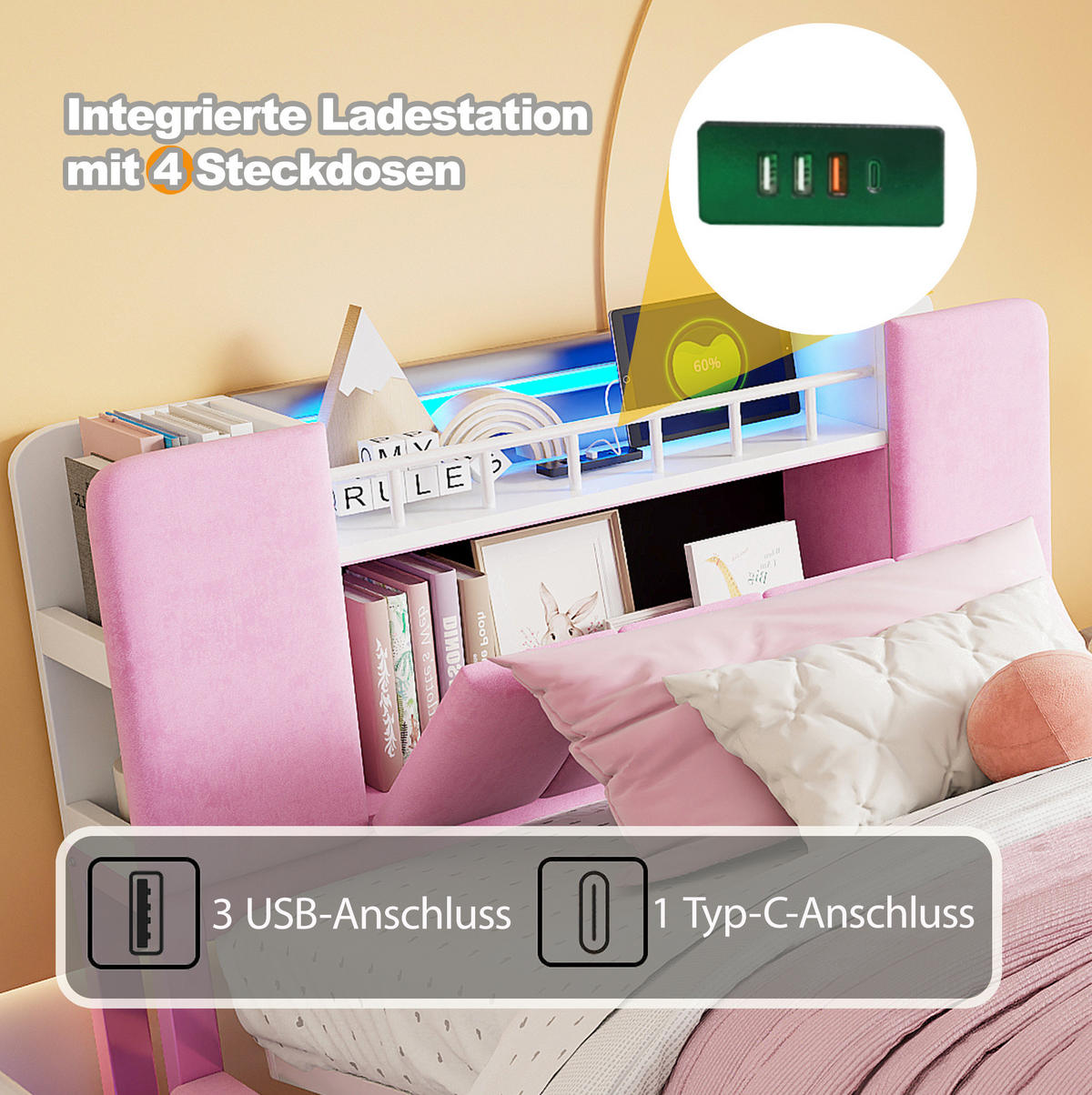 KINDERBETT aus Polsterung 90x200 cm Rosa mit LED-Beleuchtung, USB-Anschluss und hydraulischem Bettkasten - Rosa, Textil (90/200cm) - Modfu