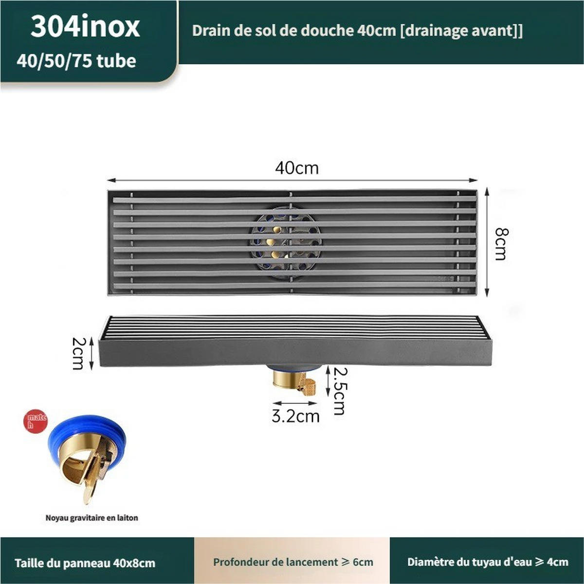 BODENABLAUF – 8 x 40 cm – Mittiger Ablauf - Grau, Metall (12.4/51/6.8cm)