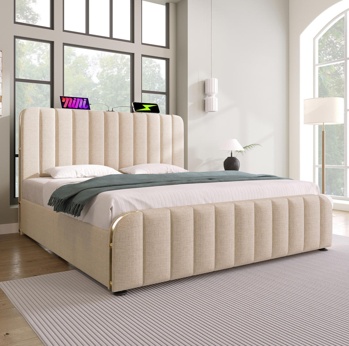POLSTERBETT 140/200 cm mit Bettkasten, USB-C und gepolstertem Kopfteil - Beige, Textil (140/200cm) - BEAOK