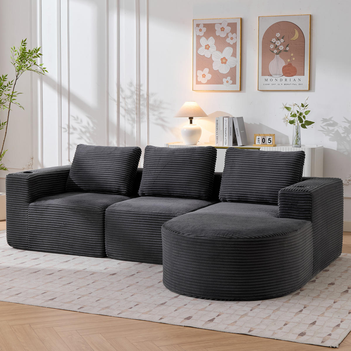 2-SITZER ECKSOFA Cord Dunkelgrau mit Kissen und Becherhalter - Dunkelgrau, Textil (265/176cm) - WISHDOR