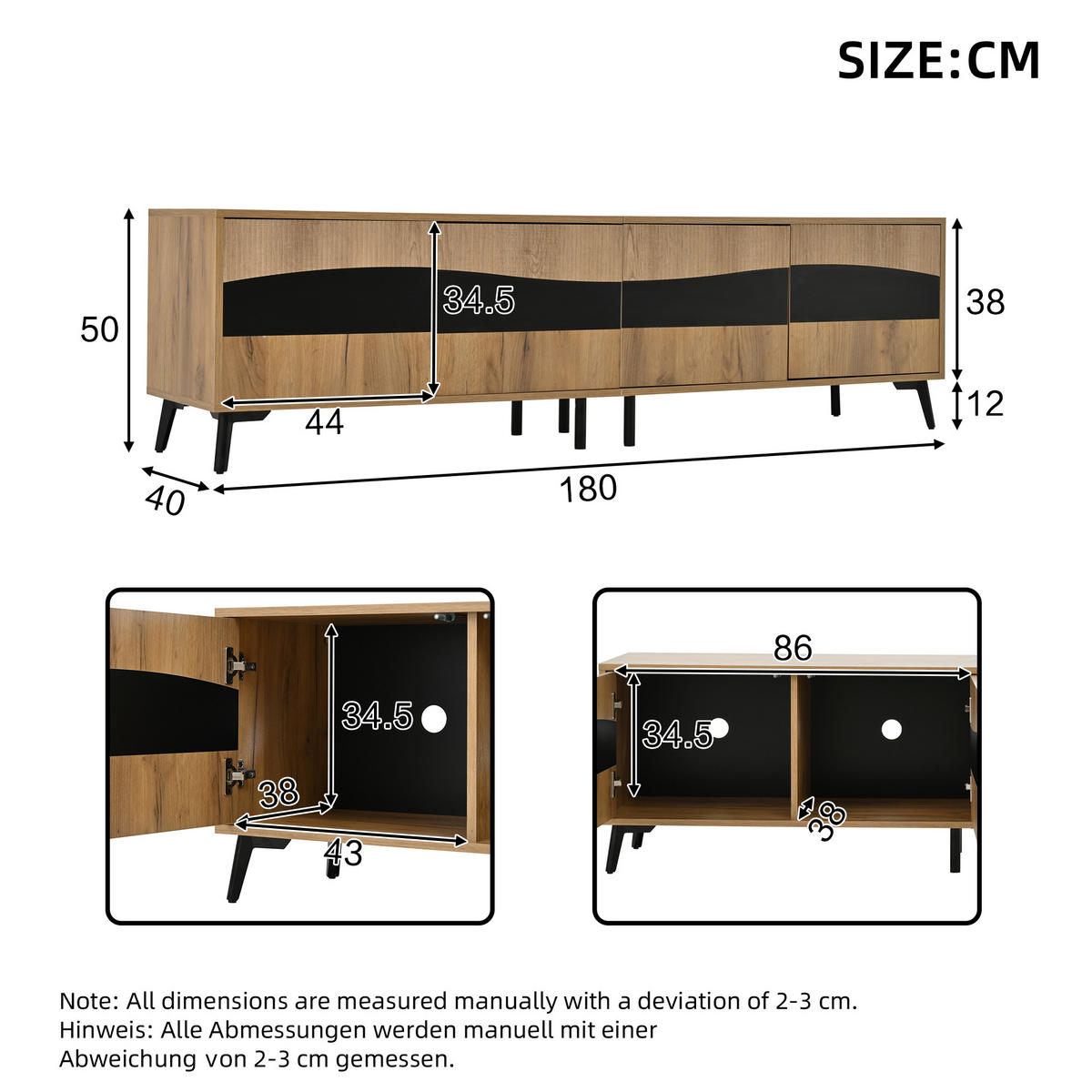TV STOLEK v přírodní a černé barvě se 4 skříňkami, do obývacího pokoje, 180 × 40 × 50 cm - přírodní/černá, kompozitní dřevo (180/50/40cm) - STILVORA
