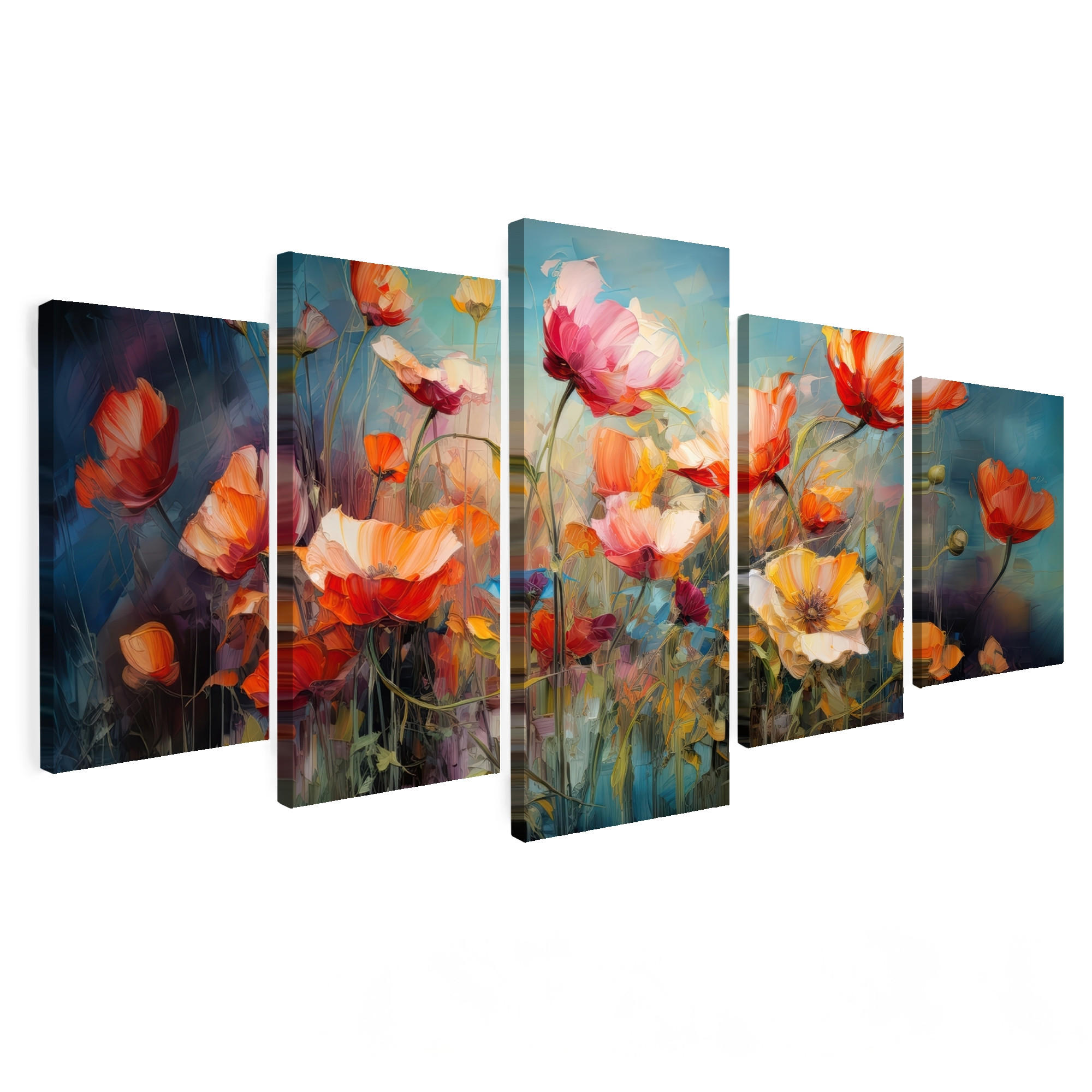 OBRAZ NA PLÁTNĚ 5dílná sada Květiny - barevné - abstraktní 150x80 cm - šedohnědá, textil (150/80cm) - MuchoWow