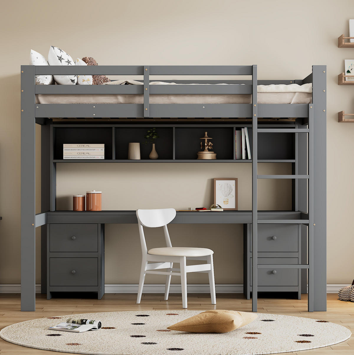 HOCHBETT 90/200 cm Grau mit Schreibtisch und Stauraum - Grau, Holz (90/200cm) - Flora Grace