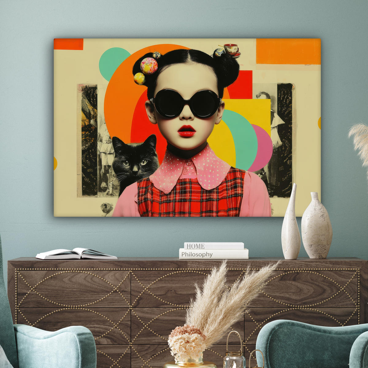 LEINWANDBILD Mädchen - Sonnenbrille - Katze - Retro Wohnzimmer Groß 120x80 cm - Beige, Textil (120/80cm) - MuchoWow