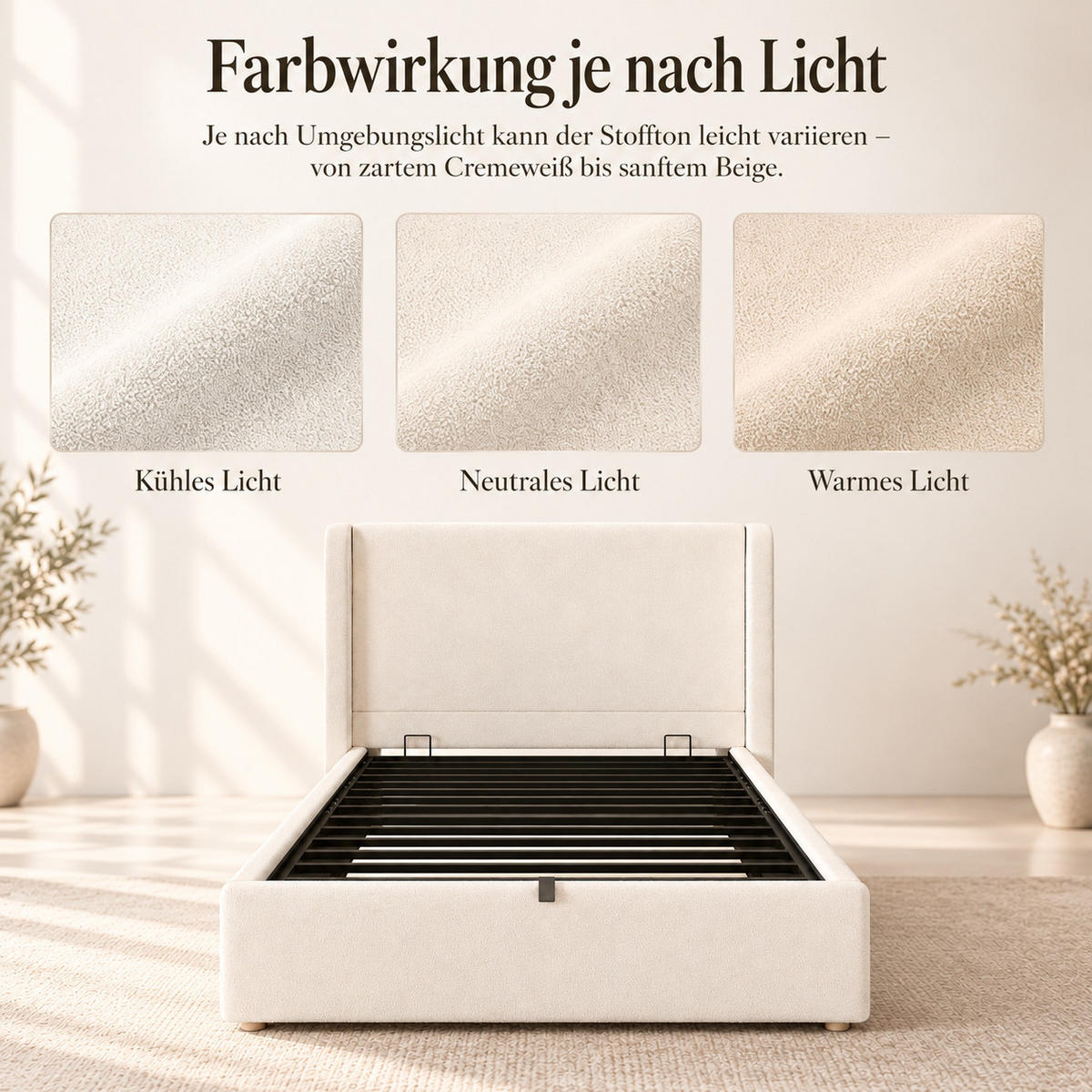 POLSTERBETT 90x200cm, Beige, Bouclé, Stauraum - Beige, Textil (90/200cm) - FLIEKS