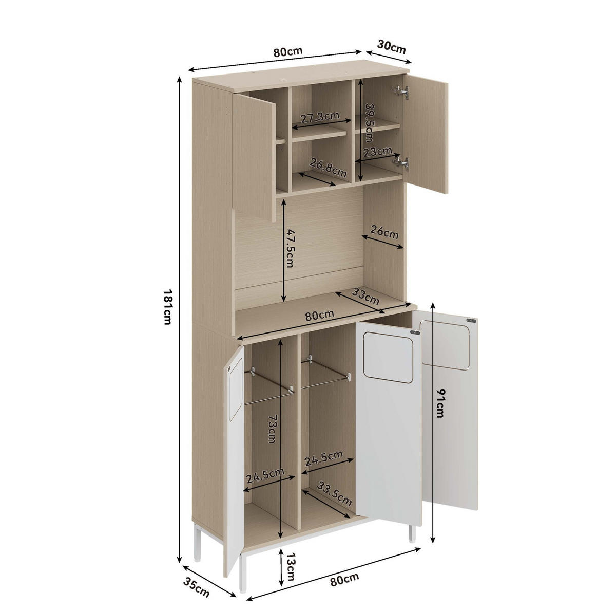 BUFFETSCHRANK 35/80/181 cm mit Müllbereich, Mikrowellenfach und verstellbaren Einlegeböden, Weiß/Hellholz - Weiß, Holzwerkstoff (80/181/35cm) - Redom