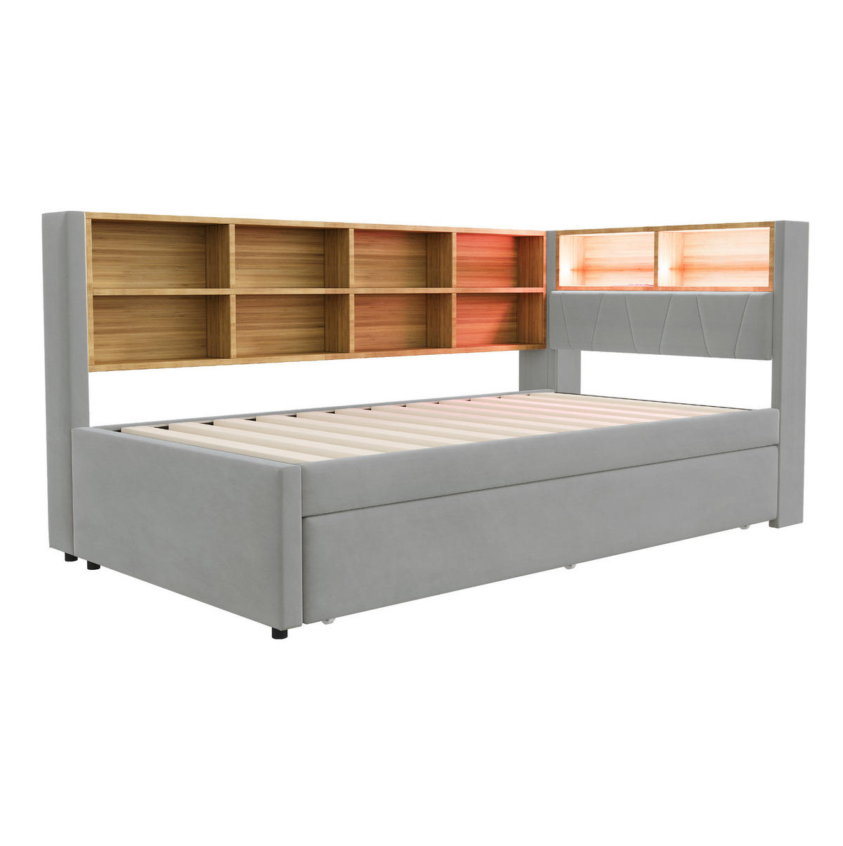 POLSTERBETT 90/200 cm mit Ausziehbett und LED-Beleuchtung - Hellgrau, Textil (90/200cm) - BEAOK