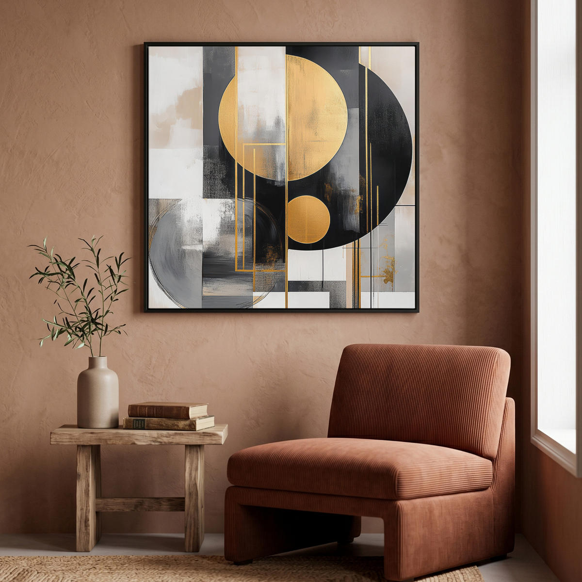 LEINWAND Bilder mit Rahmen - Abstrakt - Gold - Silber - Formen - Ästhetisch - Modern - 90x90 - Goldfarben, Textil (90/90cm) - MuchoWow