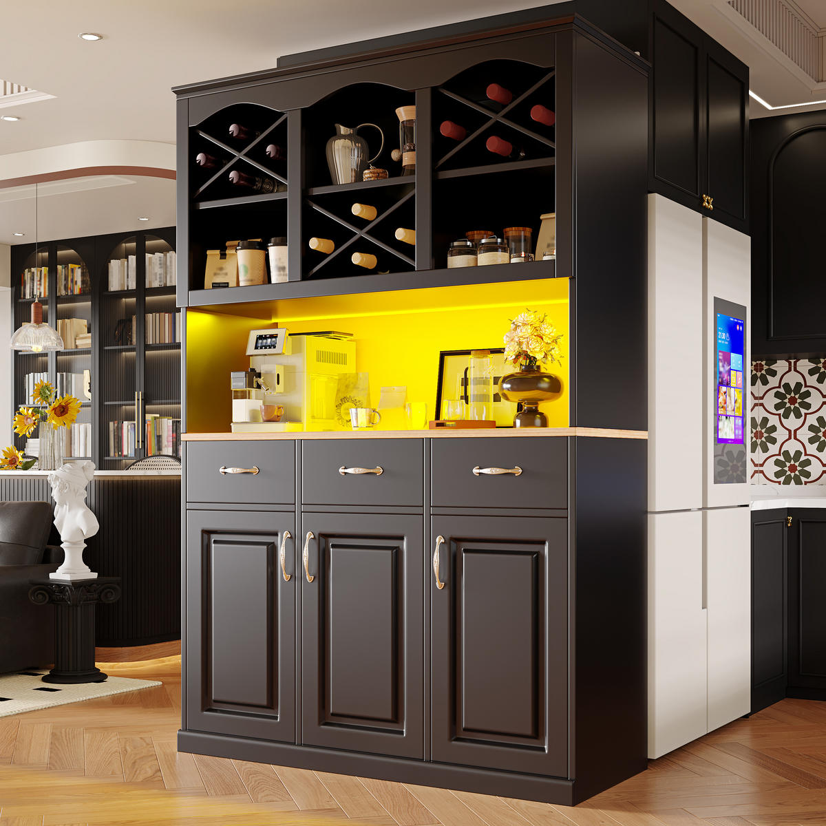 BUFFETSCHRANK Kombi Schwarz 120/40/180 cm - Schwarz, Holz (120/180/40cm) - PANGIVO