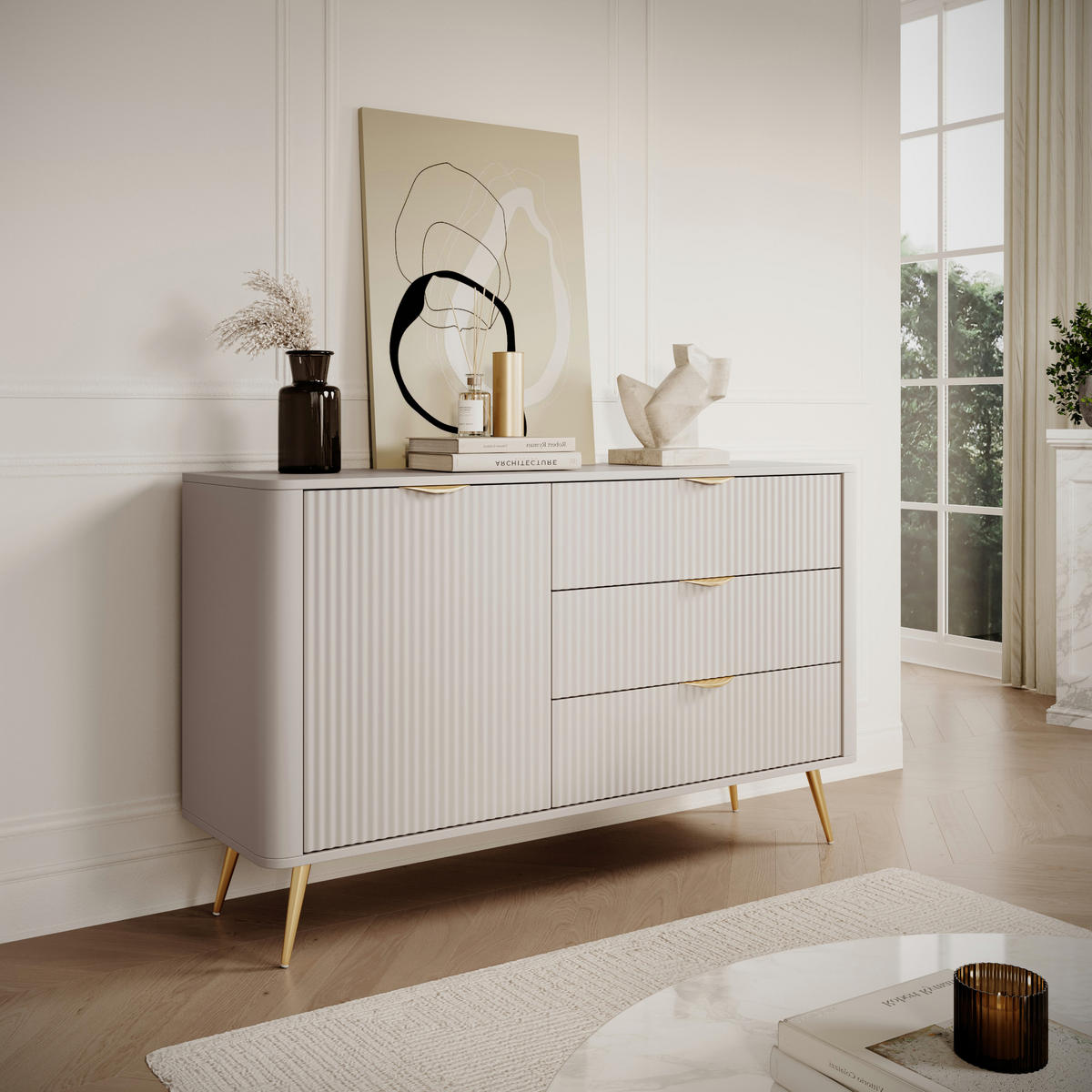 SIDEBOARD LEKNES KOM3 Reliefierte Fronten aus MDF-Platte Beige Beige - Beige, Glas/Holzwerkstoff (138/81/38cm) - Komodee