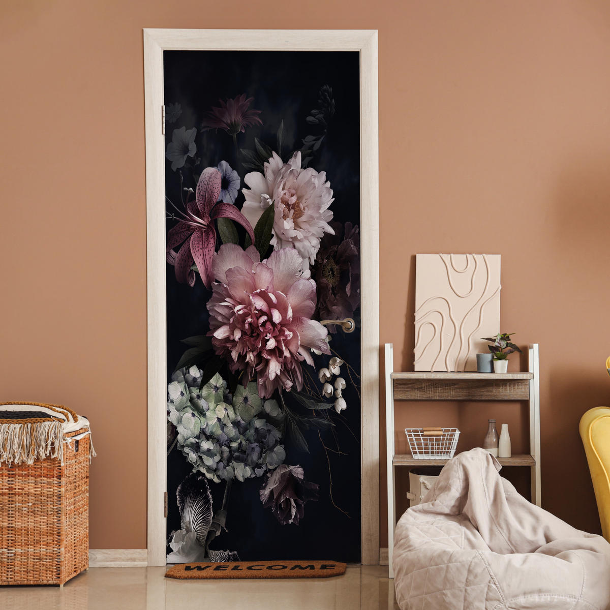 NÁLEPKA NA DVERE Kvety - Vintage - pastelové - ružové - biele 90x235 cm - staroružová, plast (90/0.1cm) - MuchoWow