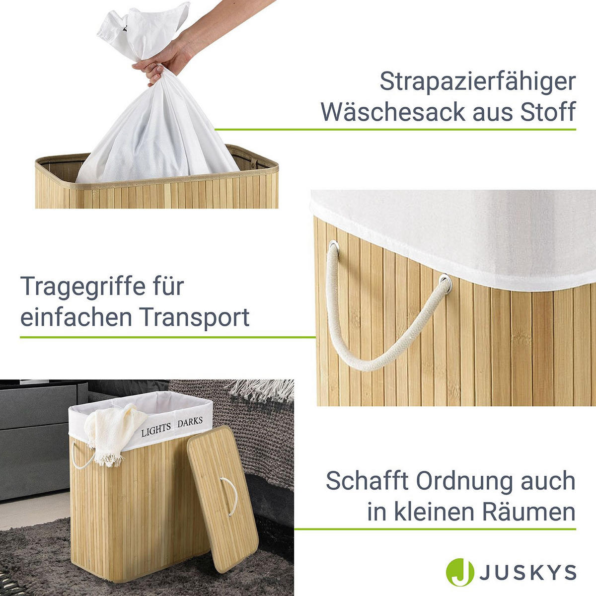 WÄSCHEKORB Curly 100 L natur - Naturfarben, Holz (52/63/32cm) - Juskys