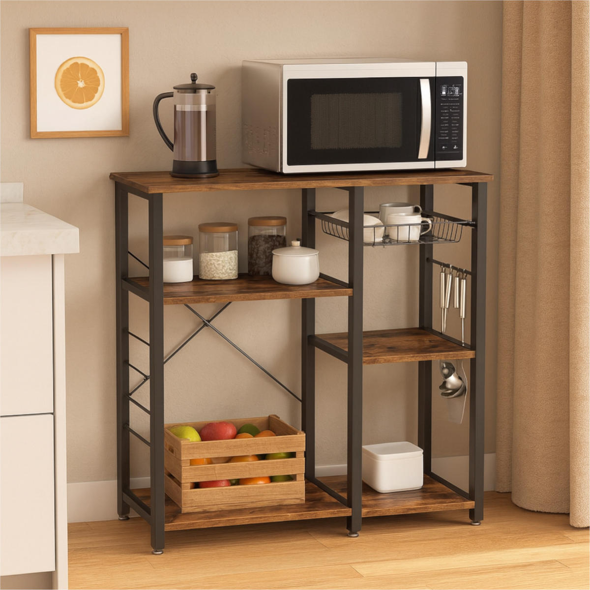 KÜCHENREGAL Holzoptik Metall Dunkelbraun Schwarz mit Haken & Korb 90x40x84 cm - Dunkelbraun/Schwarz, Holzwerkstoff/Metall (90/84/40cm) - Begryf