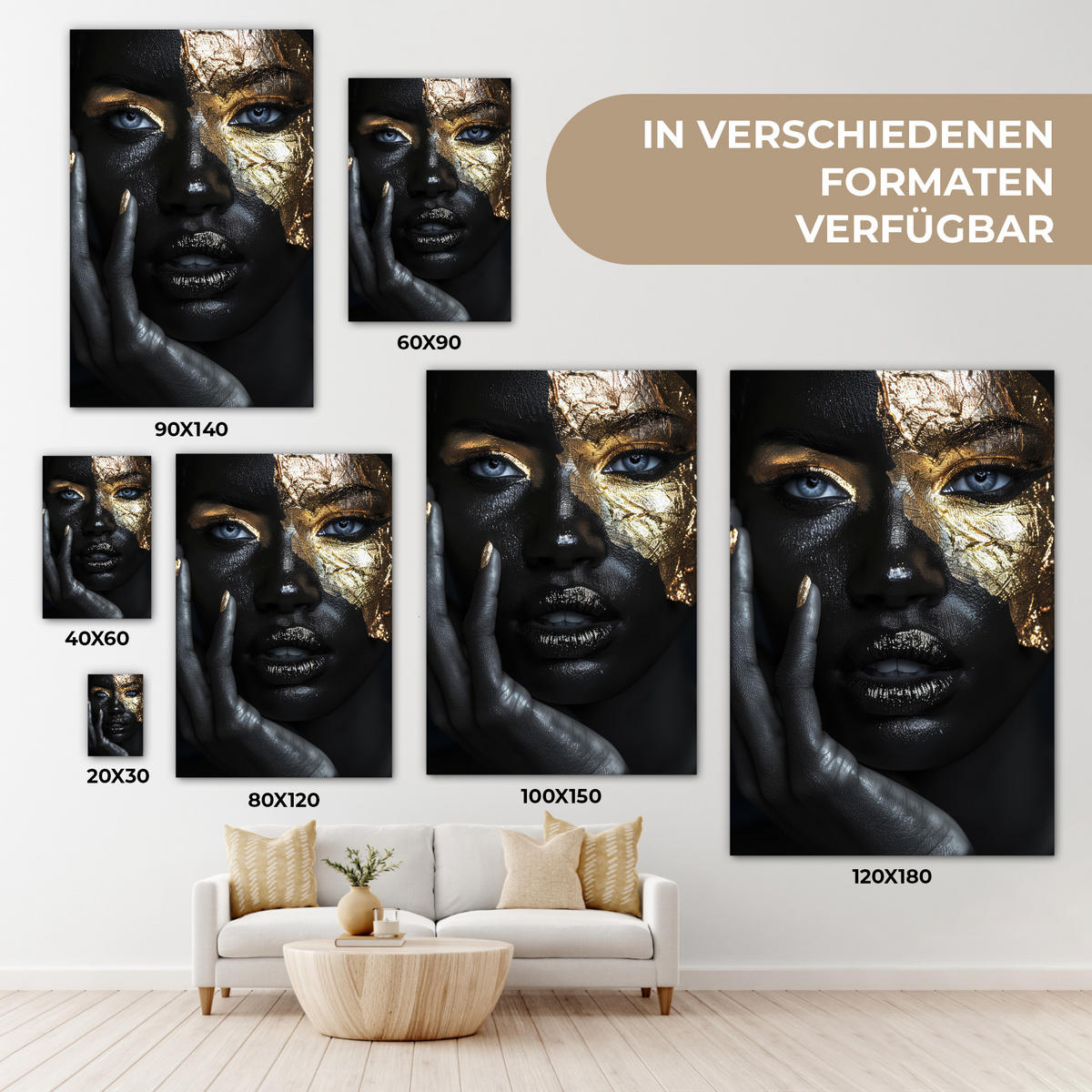 LEINWANDBILD Frau - Gold - Porträt - Schwarz-Weiß - Luxus 40x60 cm - Hellblau, Textil (40/60cm) - MuchoWow