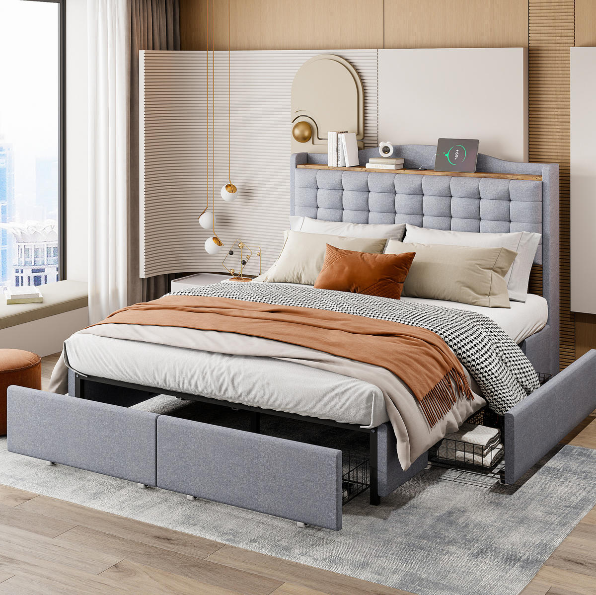 POLSTERBETT 140/200 cm grau mit Nachttisch und USB-Ladeanschluss - Grau, Textil (140/200cm) - OKWISH