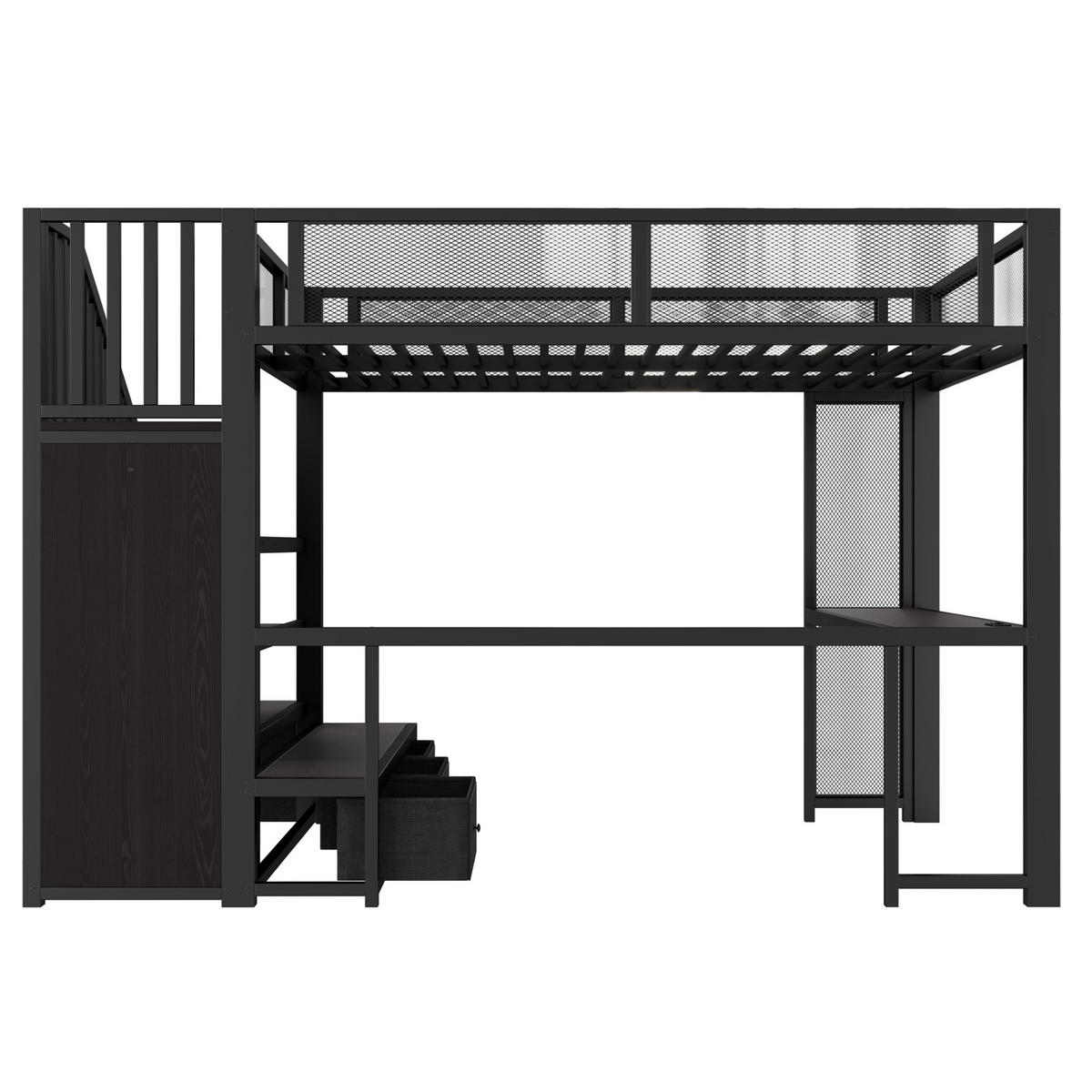 HOCHBETT MDF Metall 140x200 cm Schwarz mit Treppe, Schreibtisch, LED, USB und Stauraum - Schwarz, Holzwerkstoff (140/200cm) - Modfu