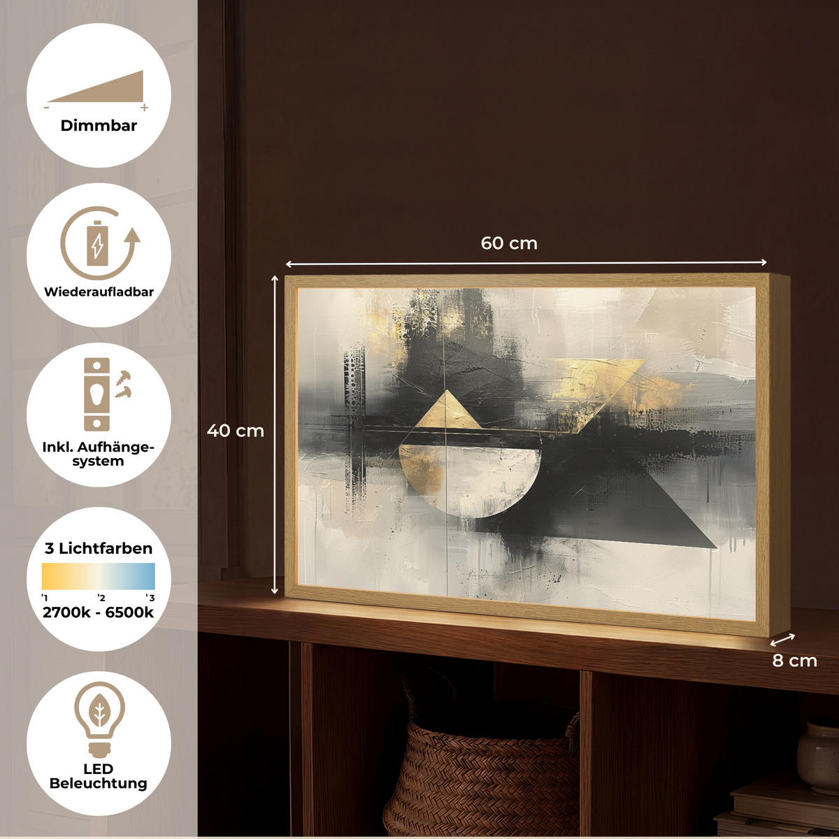 NÁSTĚNNÁ LAMPA S AKUMULÁTOREM Abstraktní - černá - barva - moderní 60x40 cm - šedá, kompozitní dřevo (60/40/8cm) - OnlyWow