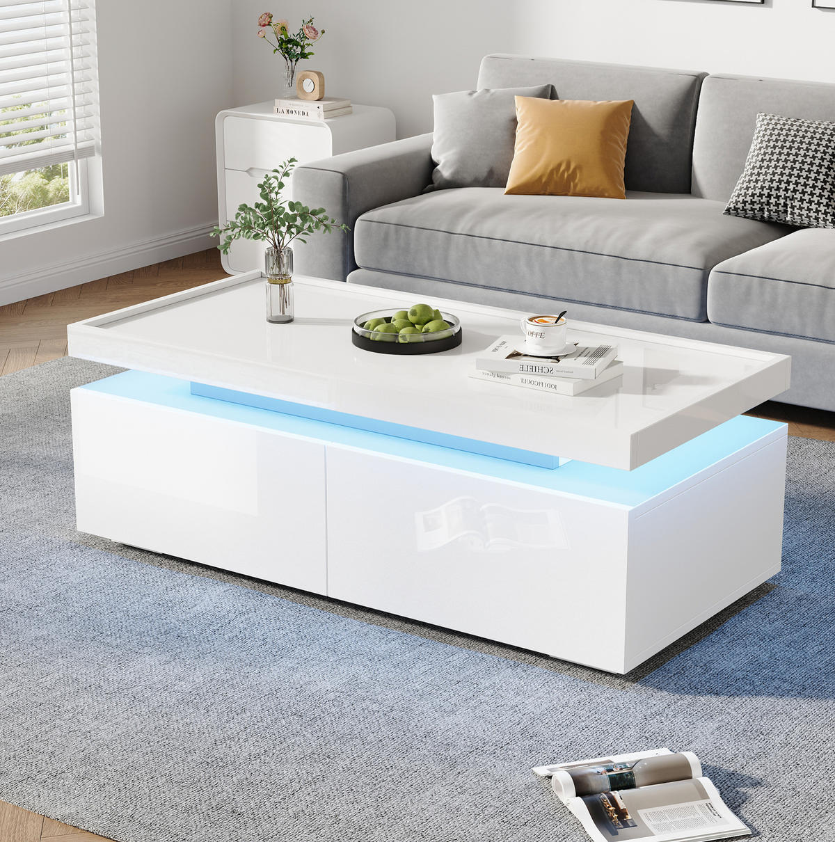 COUCHTISCH aus Spanplatte 95x45x35 cm Weiß mit LED-Beleuchtung, 2 Schubladen und Ablage - Weiß, Holzwerkstoff (95/45/35cm) - IVMEU