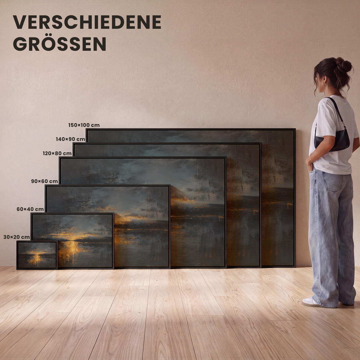 LEINWAND Bilder mit Rahmen - Goldene Reflexion auf dem Wasser - 150x100 - Anthrazit, Textil (150/100cm) - MuchoWow