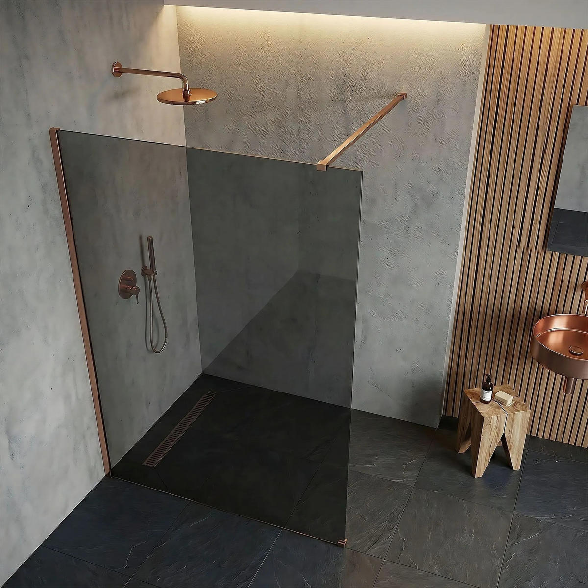 DUSCHWAND Rea Flexi Grey / Brush Copper 130 - Kupferfarben, Glas (120/130/195cm) - REA