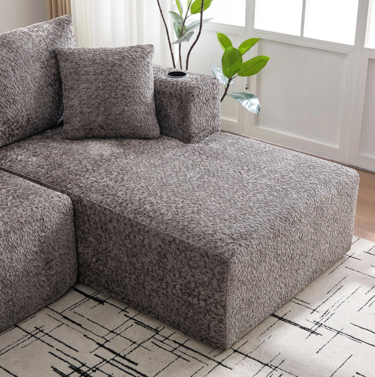 ECKSOFA 261/165/80,5 cm mit Getränkehaltern, tiefer Sitzfläche und Chenille-Bezug, Dunkelgrau - Dunkelgrau, Textil (261/165cm) - Redom