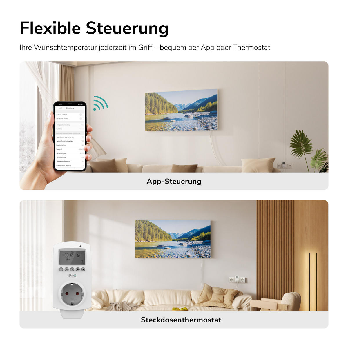 WANDKONVEKTOR Elektrisch mit modernem Landschaftsmotiv, WLAN App Steuerung, Thermostat, 119,5/59,5/1,8 cm - Weiß, Kunststoff/Metall (119.5/59.5/1.8cm) - EMKE