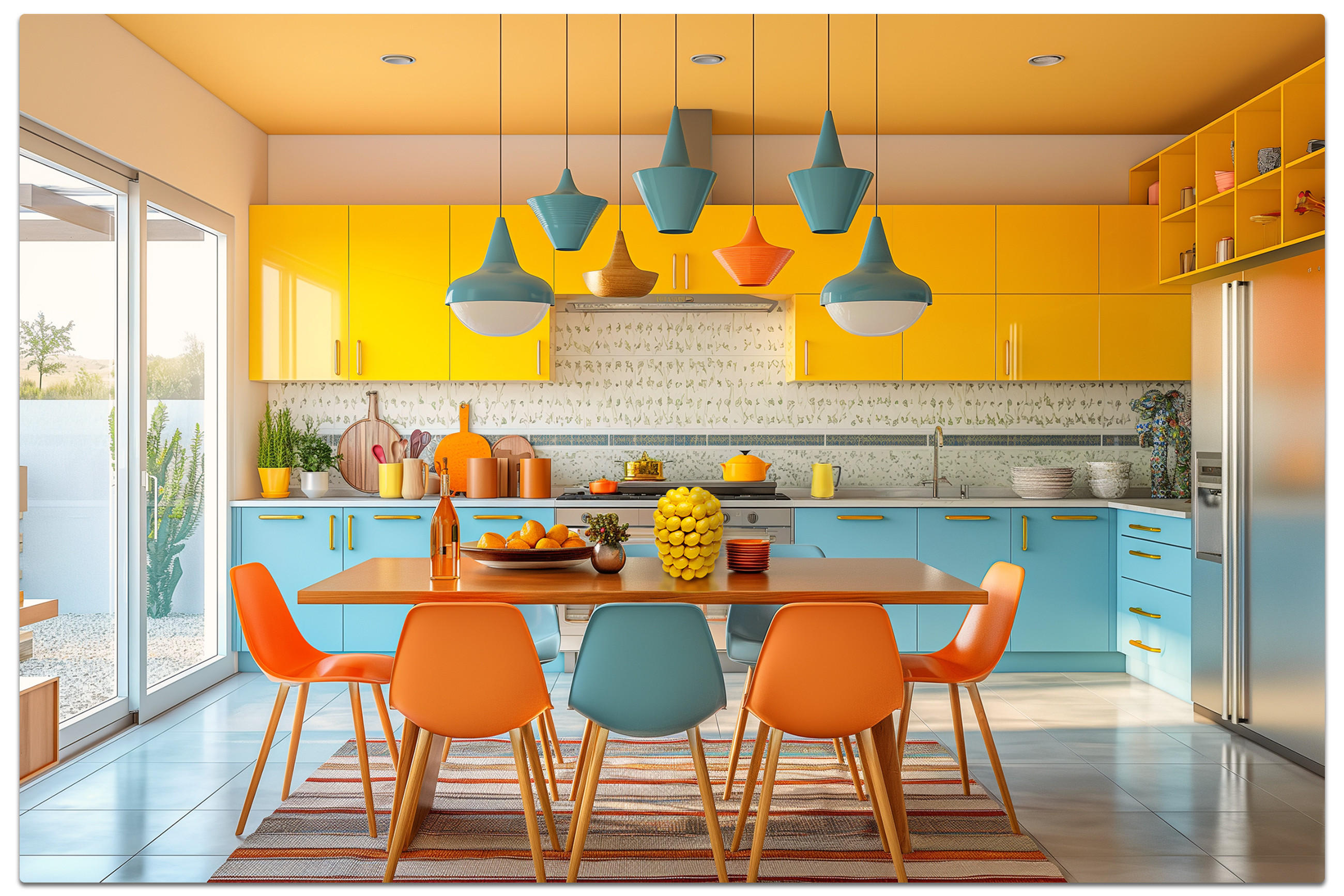 Moderne Küche mit leuchtend blauen und gelben Schränken, ergänzt durch einen zentralen Tisch für gesellige Zusammenkünfte