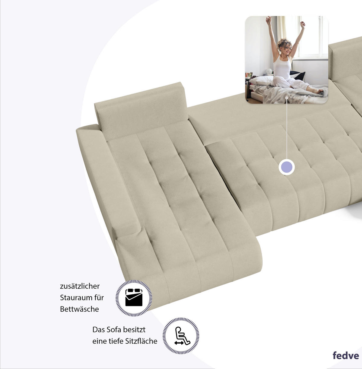WOHNLANDSCHAFT mit Schlaffunktion Dhaka U, Vanille - Beige, Textil (185/85/350cm) - Fedve