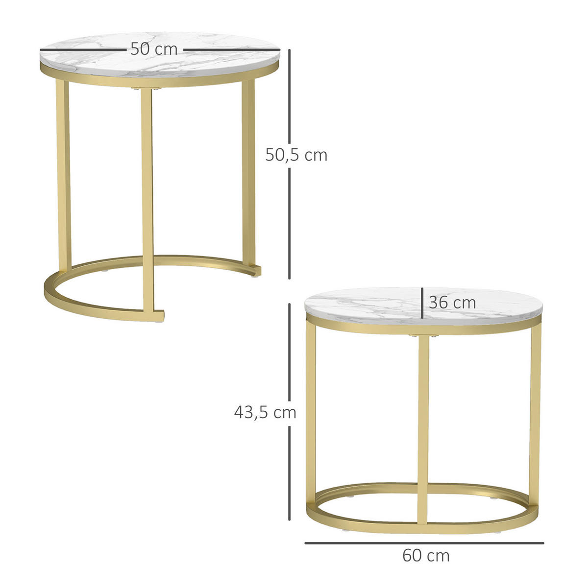COUCHTISCH-SET 50/50/50,5 cm und 60/36/43,5 cm stapelbar mit MDF-Platte und Stahlrahmen, Weiß - Weiß, Holzwerkstoff (50/50/50.5cm) - Redom