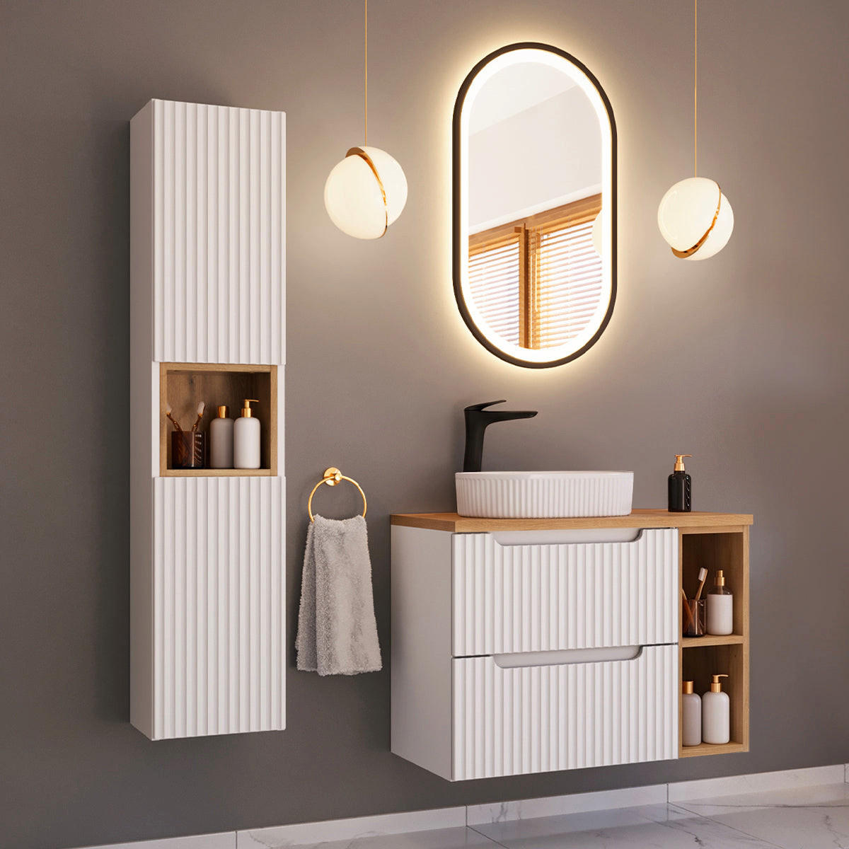 KÚPEĽŇOVÝ NÁBYTOK 80.4cm Riva 2-dielna súprava Biela a drevo - biela, kompozitné drevo (80.4/59/40cm) - Petits-meubles