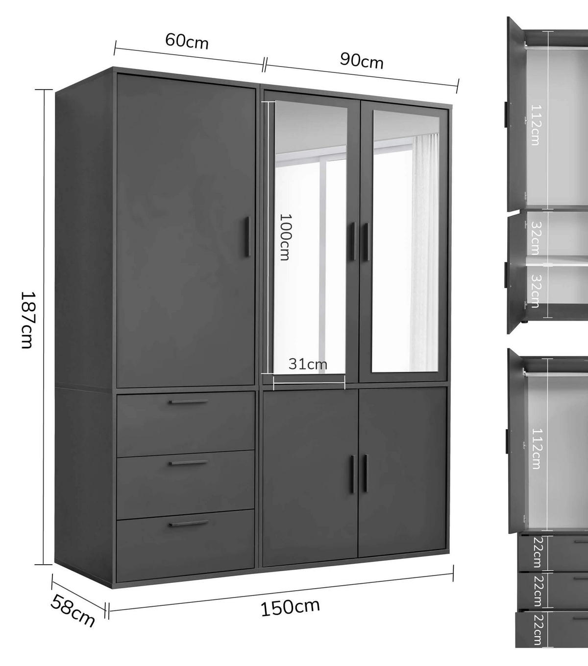 KLEIDERSCHRANK mit Spiegel Der Grenzenlose - Anthrazit, Holzwerkstoff (150/187/58cm) - Mokebo