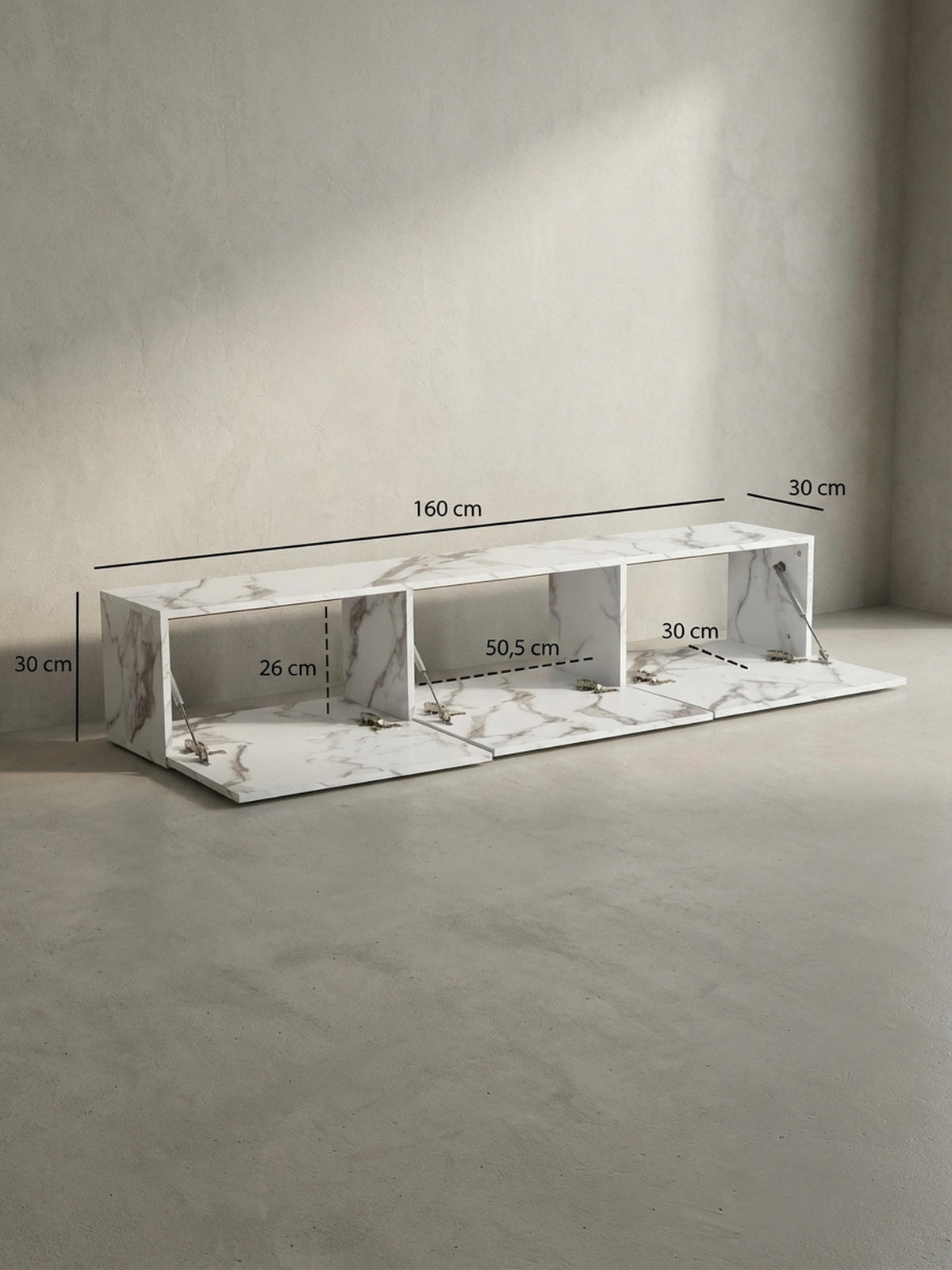 TV-LOWBOARD hängend groß, Marmor-Optik, Klapptüren, modern, Weiß 160x30x30 cm - Weiß, Metall (160/30/30cm) - KADIMA DESIGN