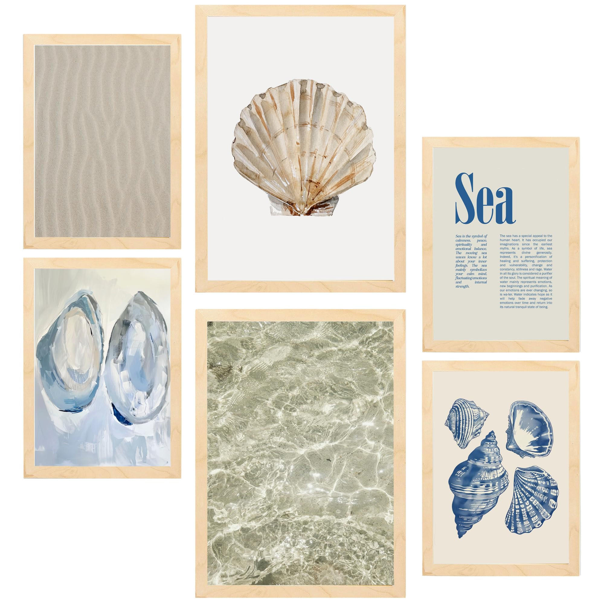 POSTER Set Mit 6 Strand, Meer, Ozean A3 & A4 Rahmen Aus Hellem Holz - Beige, Papier (29/3cm) - Nacnic