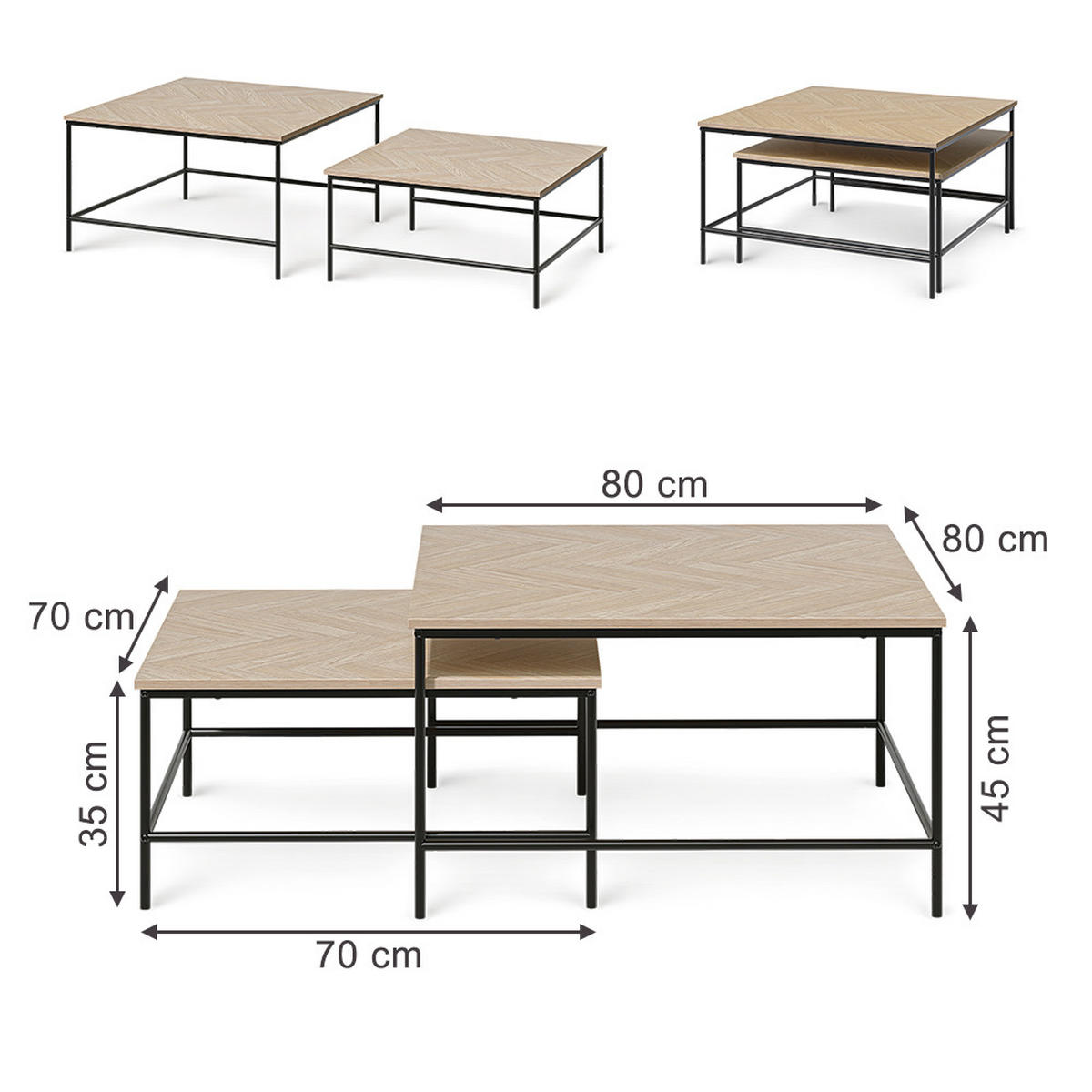 COUCHTISCH-SET Ramio, Eiche/Schwarz, 80 x 80 cm 2 Teile - Eichefarben/Schwarz, Holzwerkstoff (80/80/45cm) - Vicco